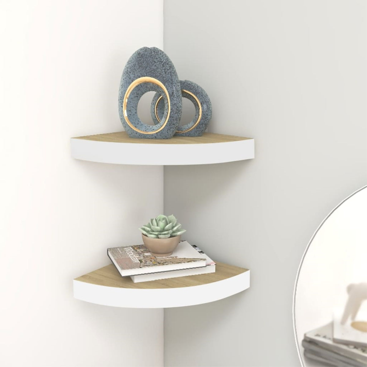 Vidaxl Wall Corner Shelves 2 Pcs Oak And White 13.7'X13.7'X1.4' Mdf