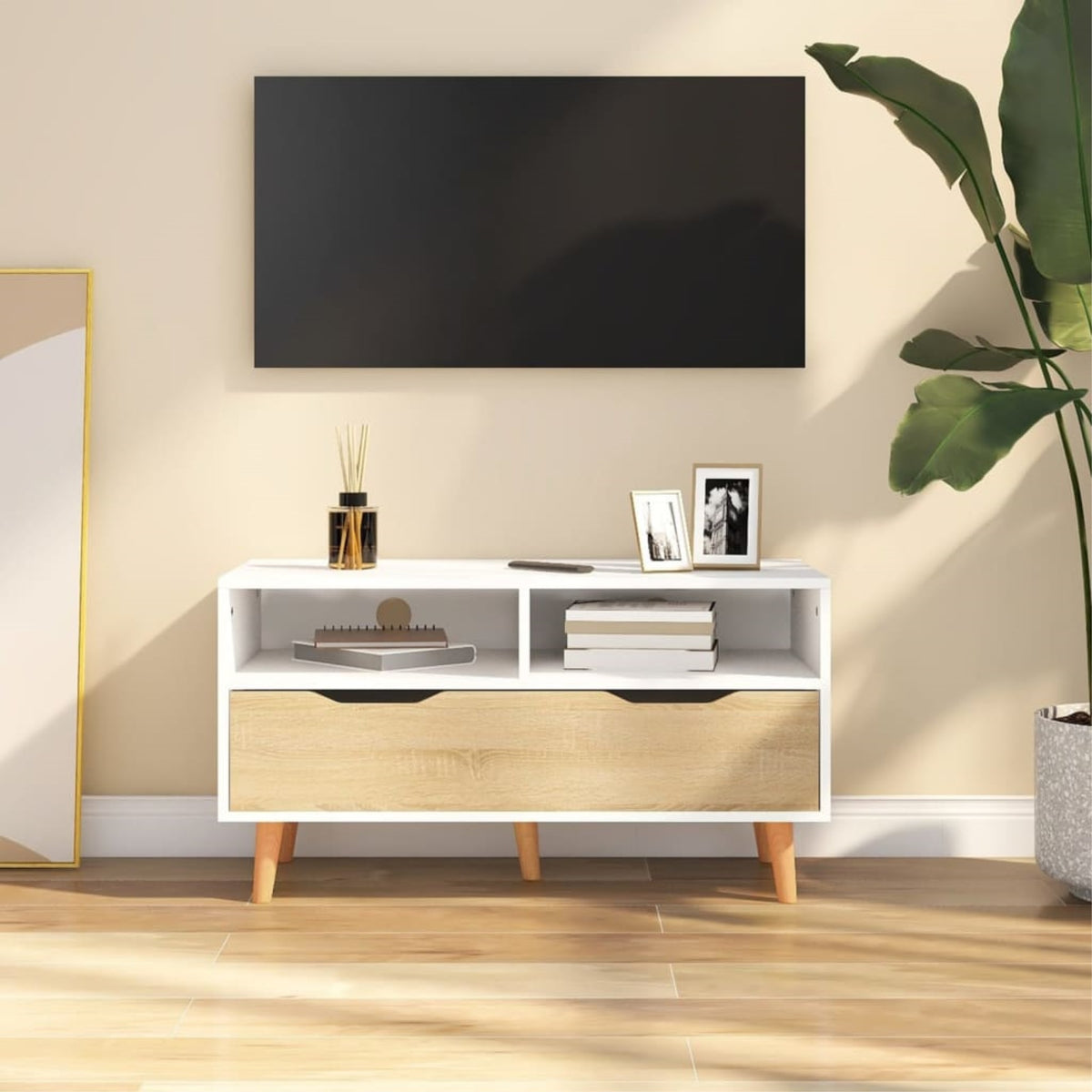 Vidaxl Tv Cabinet White And Sonoma Oak 35.4'X15.7'X19.1' Chipboard