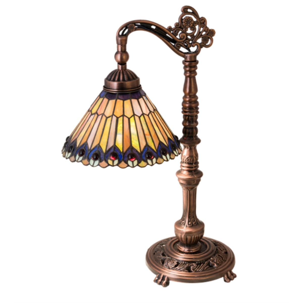 19'H Tiffany Jeweled Peacock Bridge Arm Desk Lamp