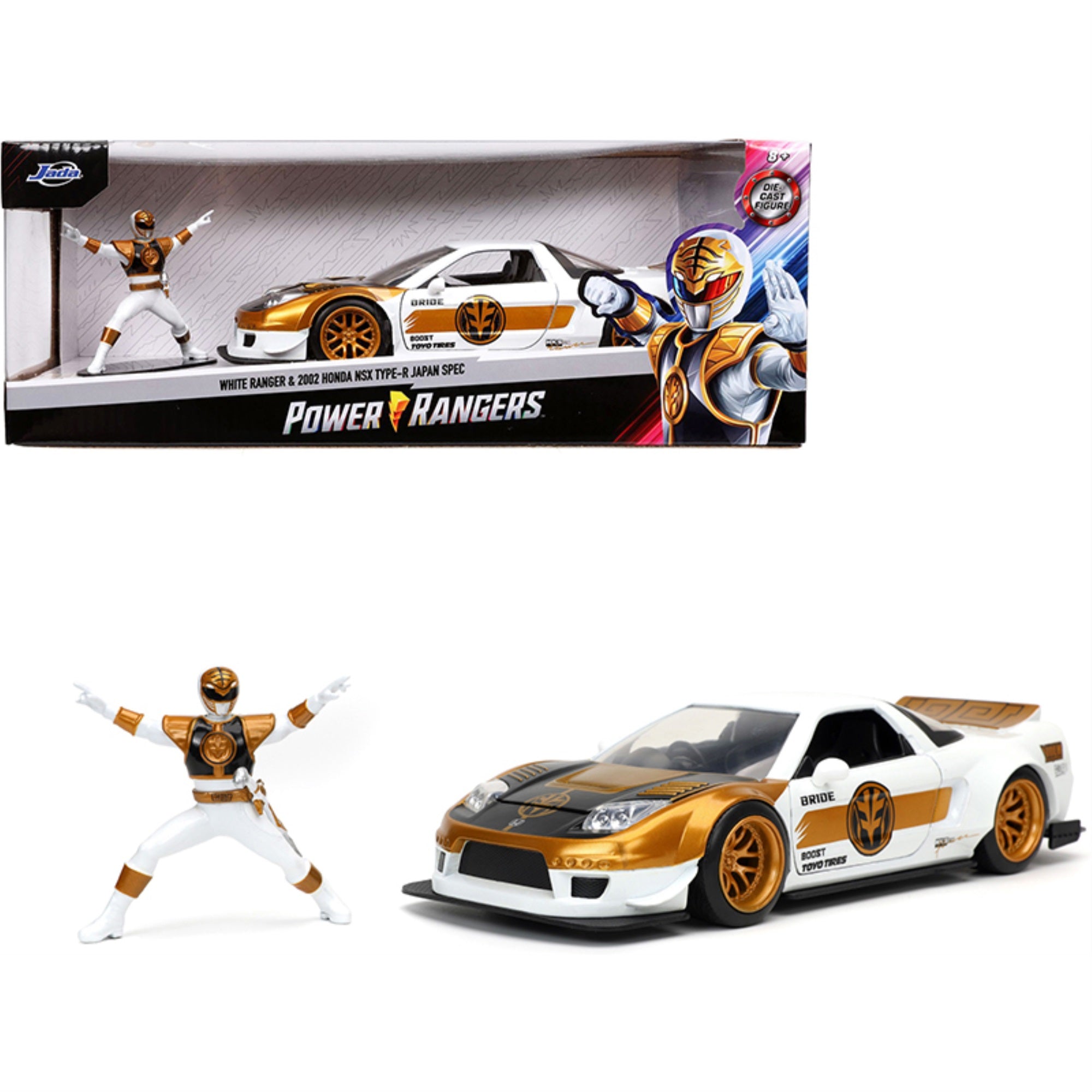 2002 Honda Nsx Type-R Japan Spec Rhd (Right Hand Drive) And White Ranger Diecast Figurine 'Power Rangers' 1/24 Diecast Model Car By Jada