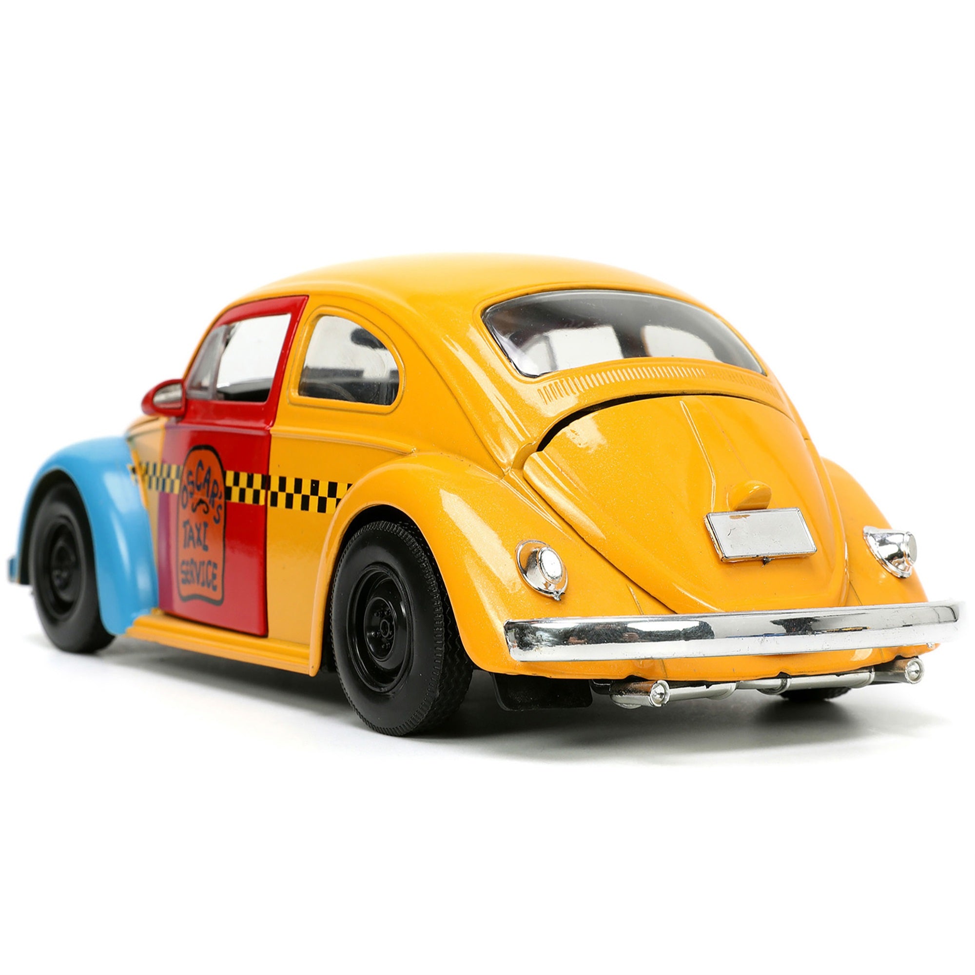 1959 Volkswagen Beetle Taxi Yellow and Blue “Oscar's Taxi Service” and Oscar the Grouch Diecast Figure “Sesame Street” “Hollywood Rides” Series 1/24 Diecast Model Car by Jada