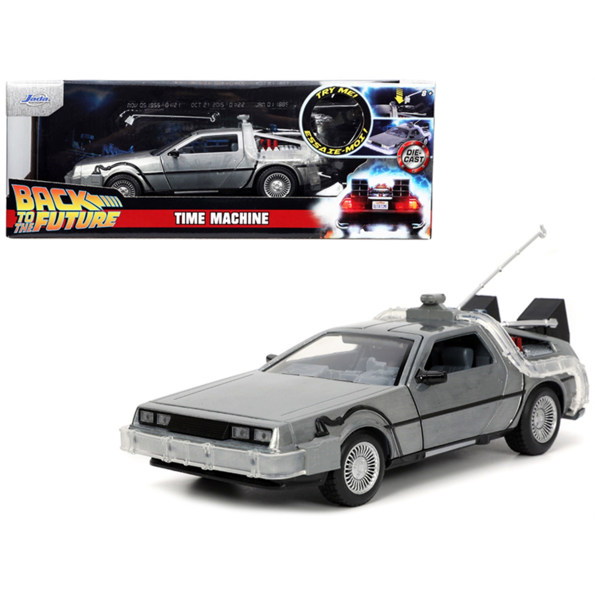 Delorean Brushed Metal Time Machine With Lights 'Back To The Future' (1985) Movie 'Hollywood Rides' Series 1/24 Diecast Model Car By Jada