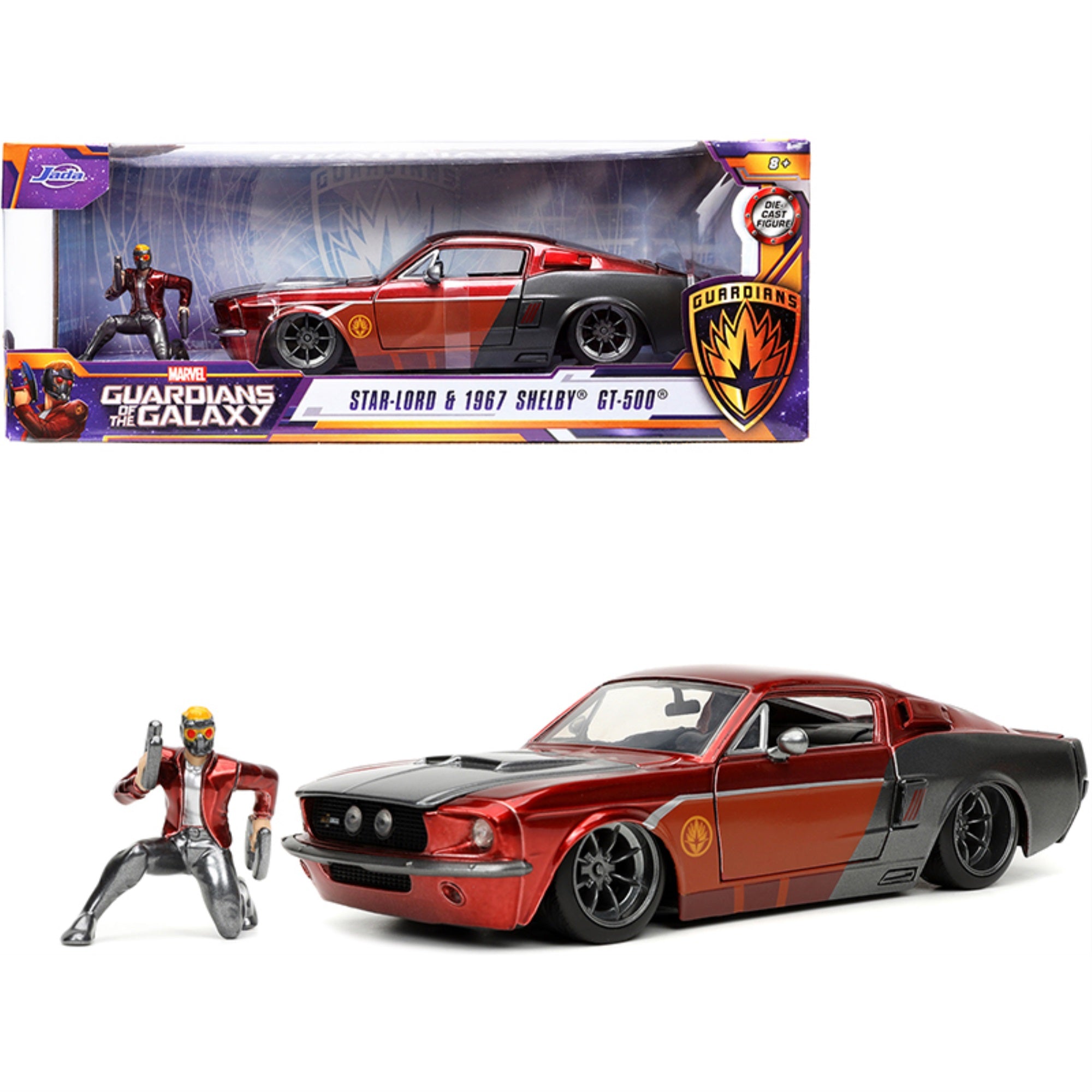 1967 Ford Mustang Shelby Gt-500 Red Metallic And Gray Metallic With Star-Lord Diecast Figurine 'Guardians Of The Galaxy' 'Marvel' Series 1/24 Diecast Model Car By Jada