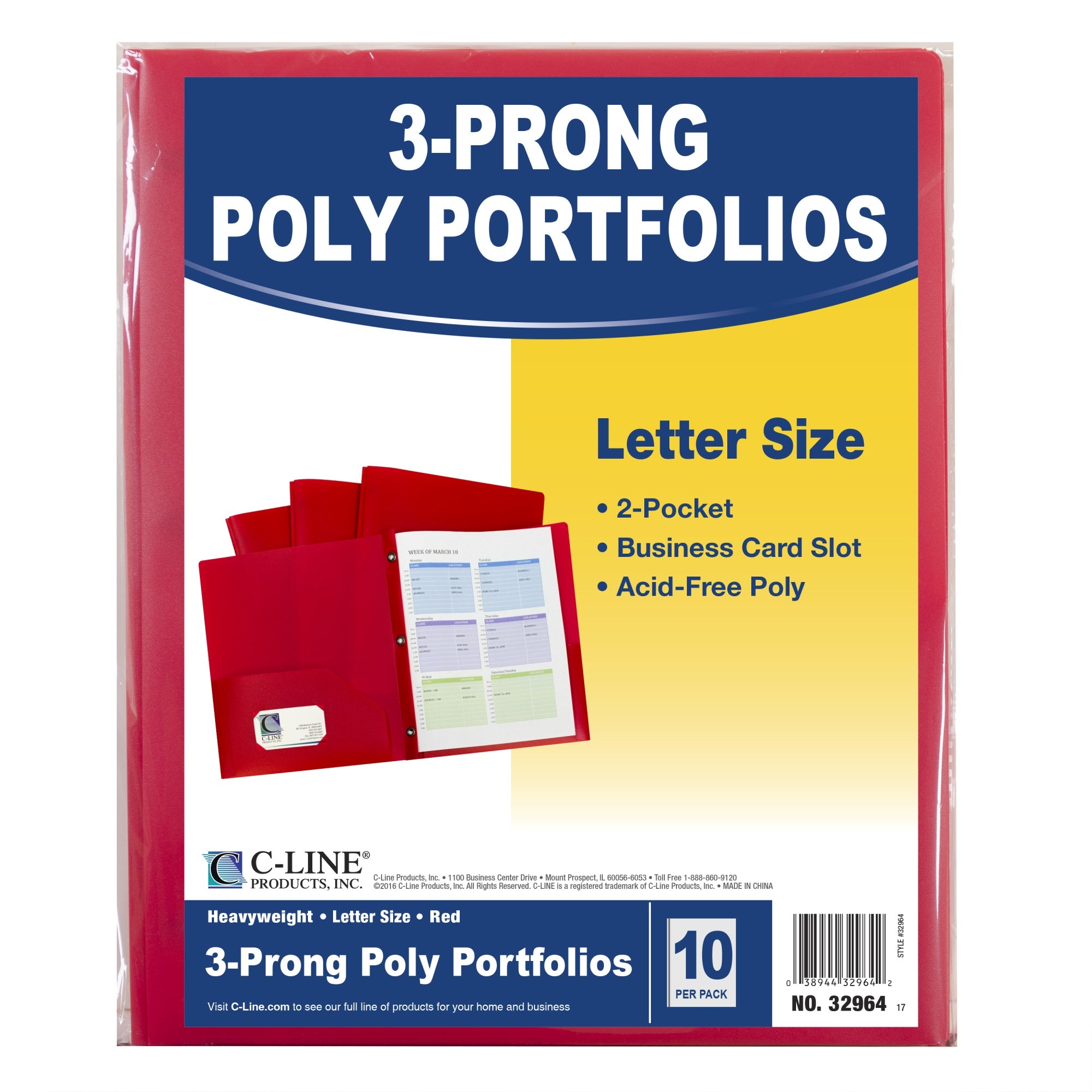 Two-Pocket Heavyweight Poly Portfolio Folder with Prongs, Red, 10/PK, 32964
