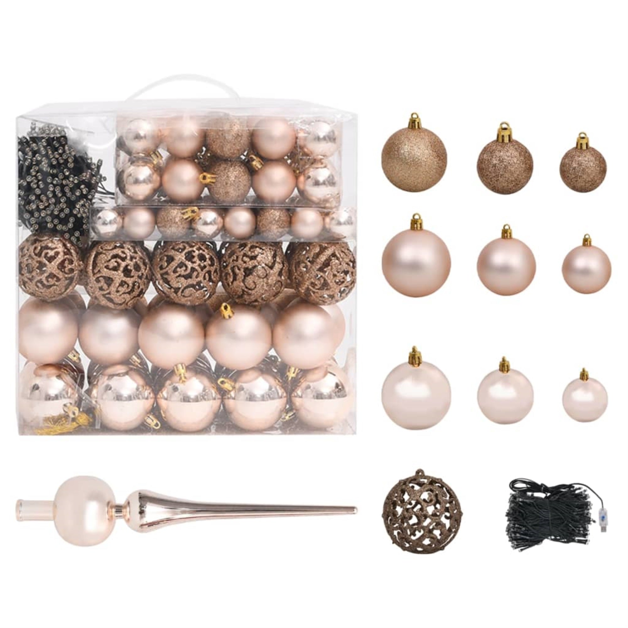 Vidaxl 120 Piece Christmas Ball Set With Peak And 300 Leds Rose Gold