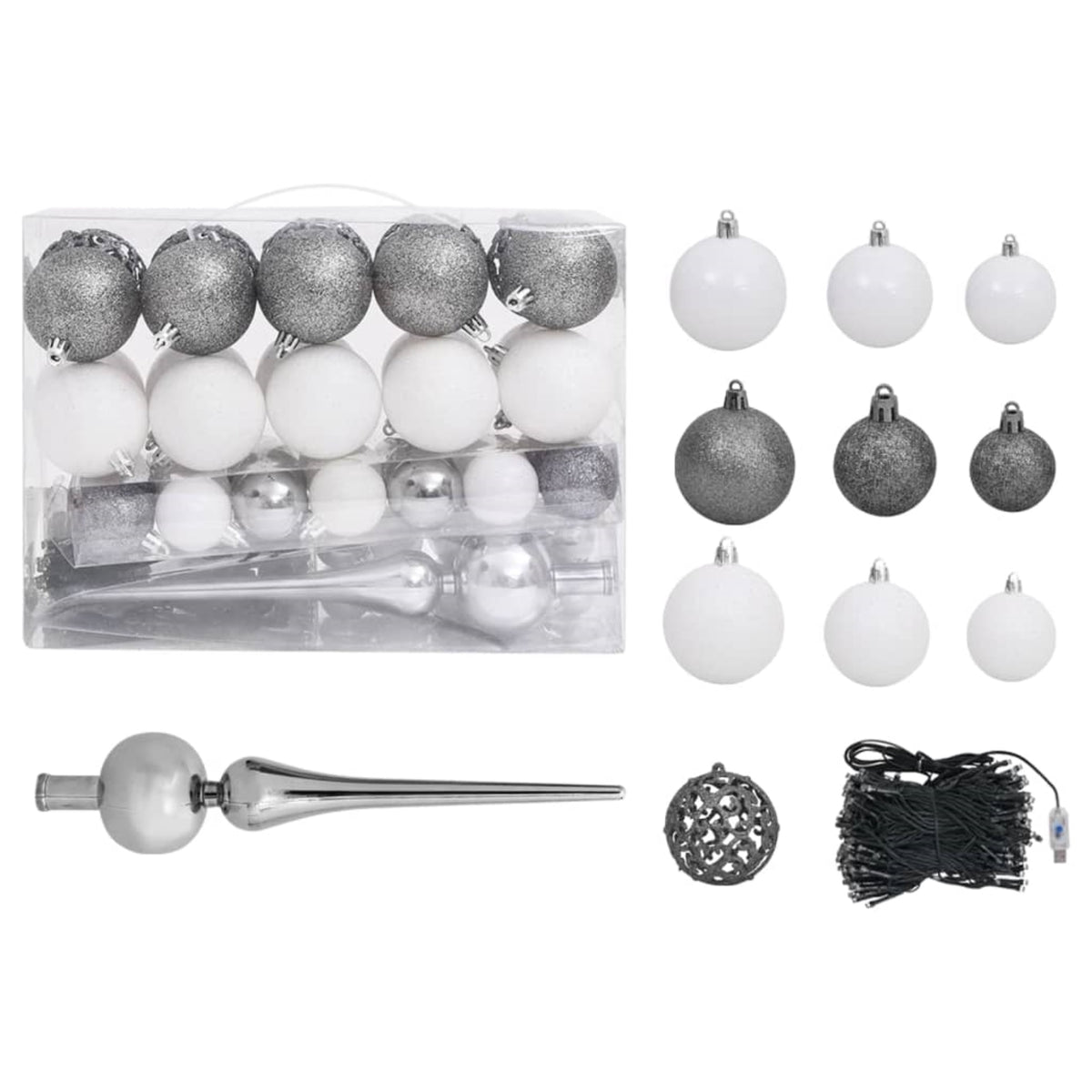 Vidaxl 61 Piece Christmas Ball Set With Peak And 150 Leds White&Gey