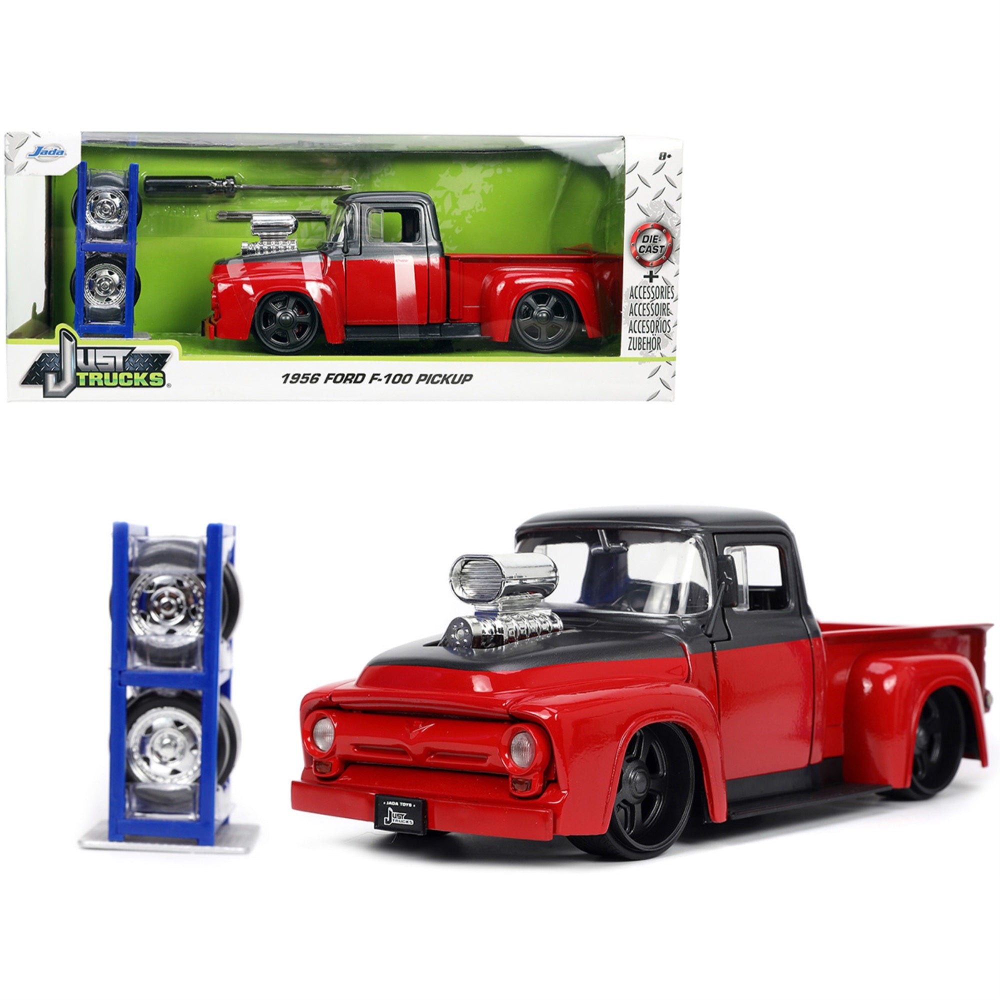 1956 Ford F-100 Pickup Truck Red And Dark Gray Metallic With Extra Wheels 'Just Trucks' Series 1/24 Diecast Model Car By Jada