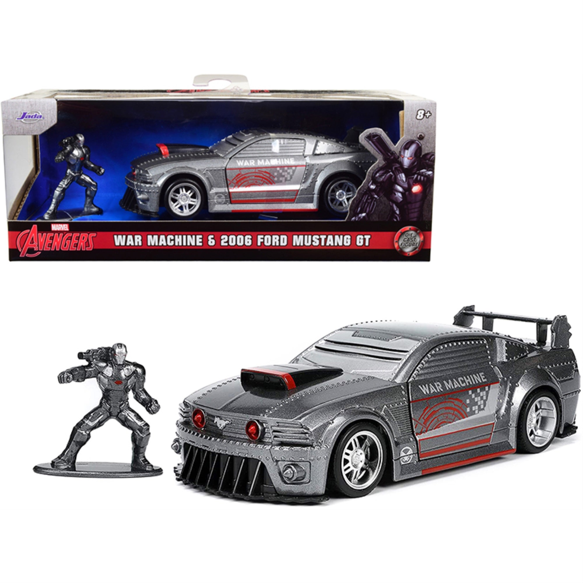 2006 Ford Mustang Gt Gray Metallic And War Machine Diecast Figurine 'Avengers' 'Marvel' Series 'Hollywood Rides' Series 1/32 Diecast Model Car By Jada