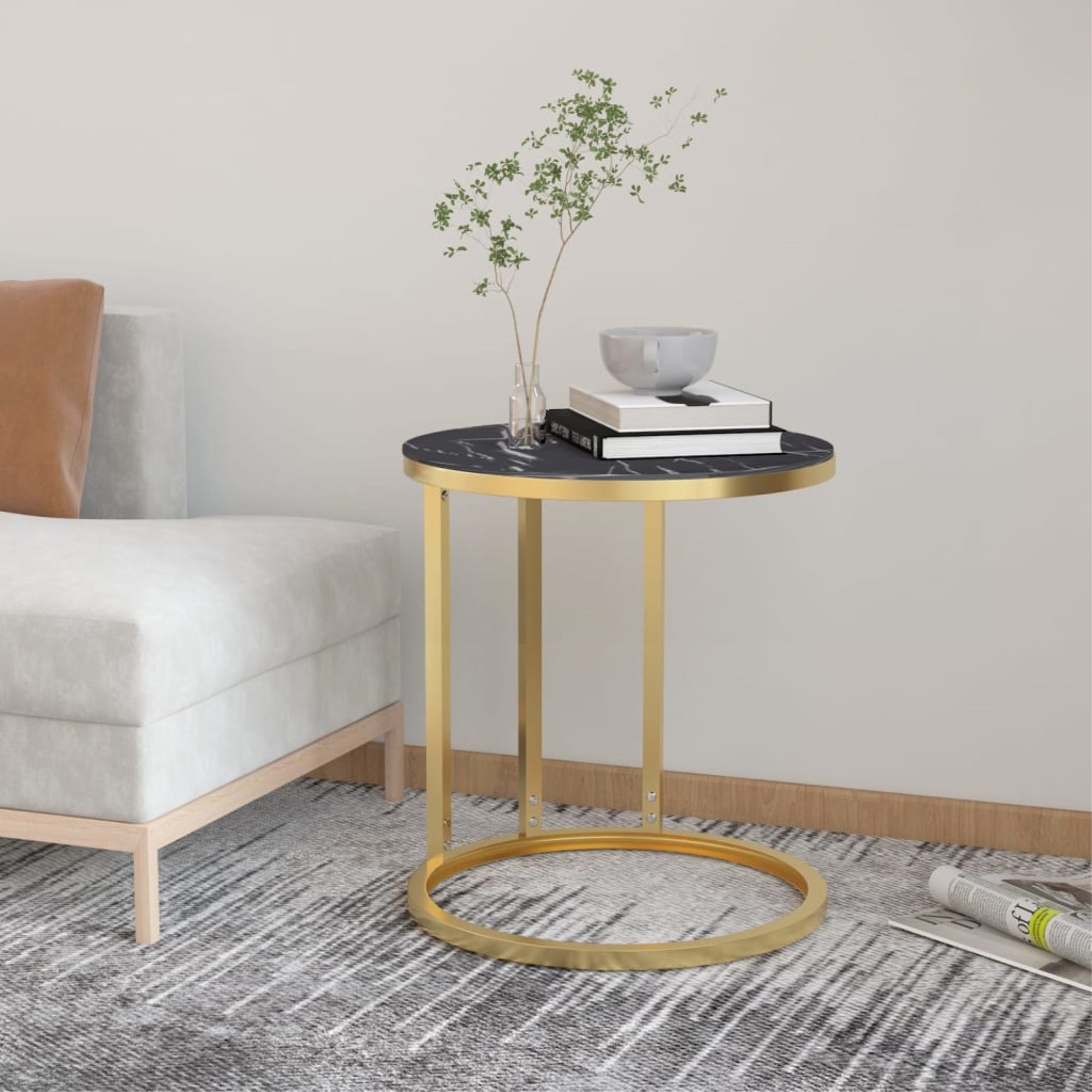 Vidaxl Side Table Gold And Black Marble 17.7' Tempered Glass