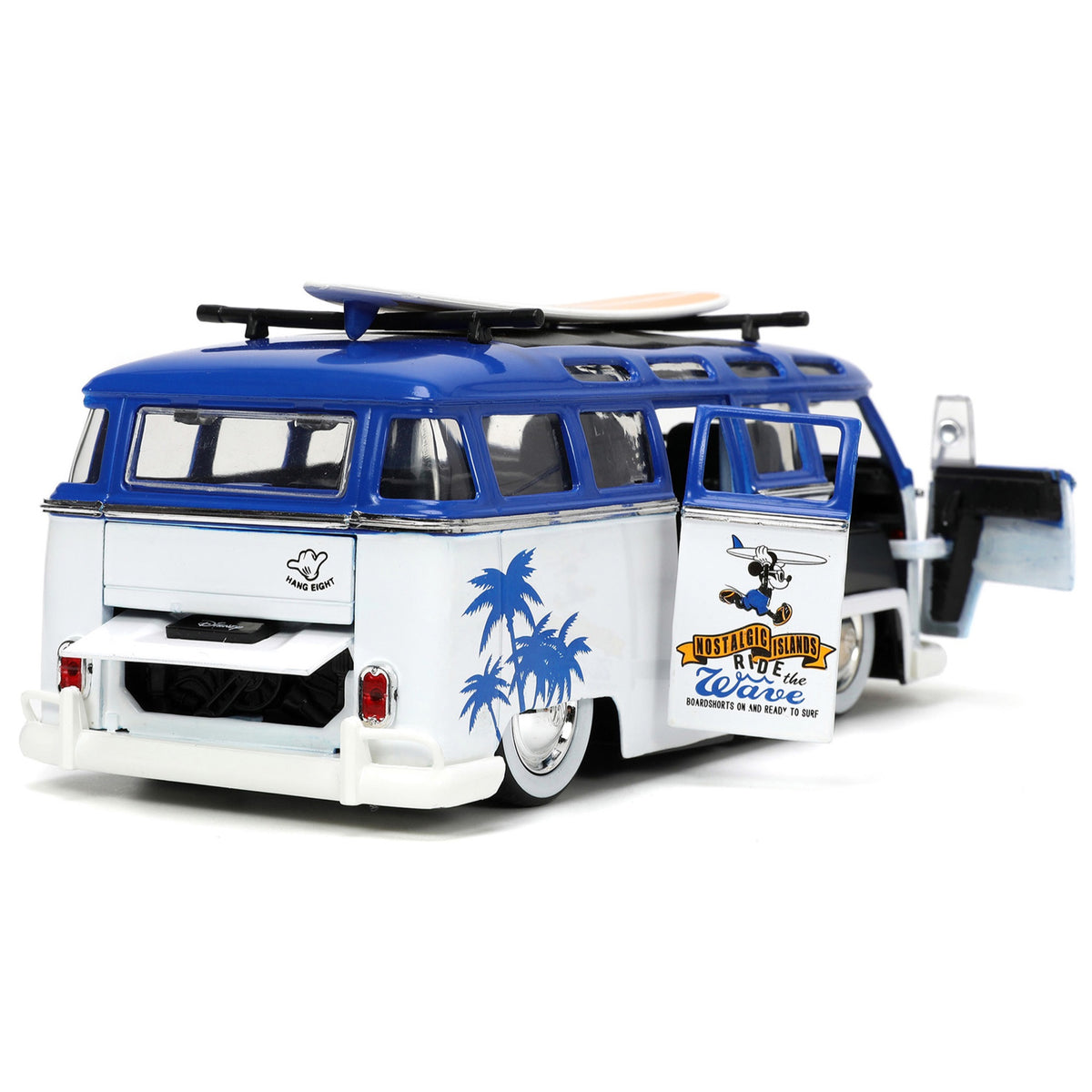 Volkswagen T1 Bus Blue And White With Graphics 'Nostalgic Islands Ride The Wave' And Mickey Mouse Diecast Figure And Surfboard 'Disney'S Mickey And Friends' 'Hollywood Rides' Series 1/24 Diecast Model Car By Jada