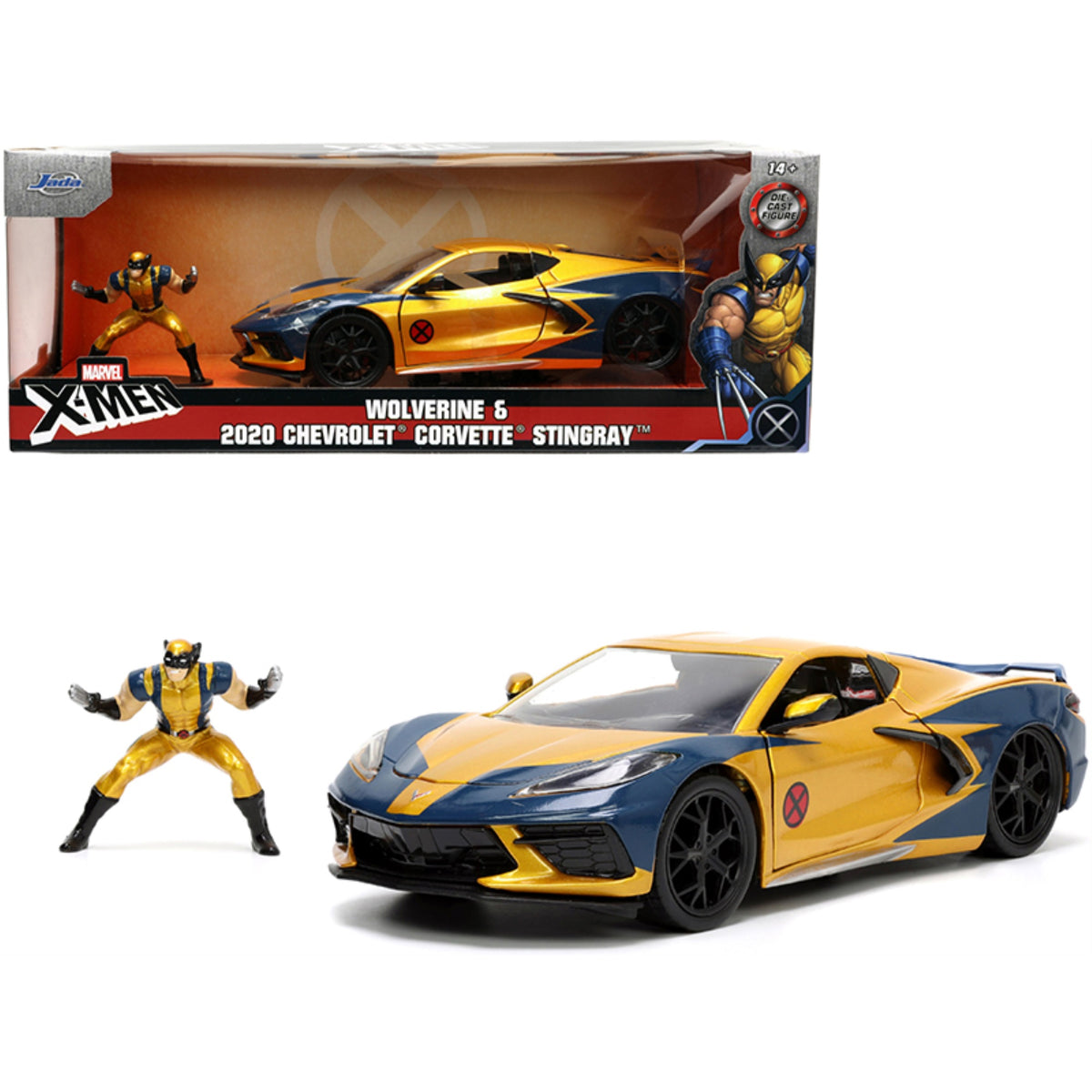 2020 Chevrolet Corvette C8 Stingray Gold Metallic And Dark Blue And Wolverine Diecast Figurine 'X-Men' 'Marvel' Series 'Hollywood Rides' 1/24 Diecast Model Car By Jada