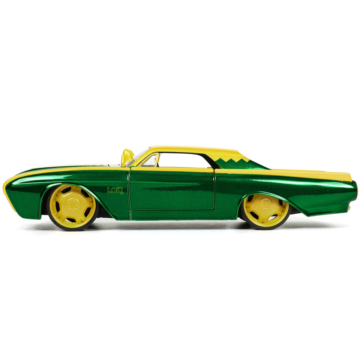 1963 Ford Thunderbird Green And Yellow Metallic With Hood Graphics And Loki Diecast Figure 'Loki' 'Marvel' Series 1/24 Diecast Model Car By Jada