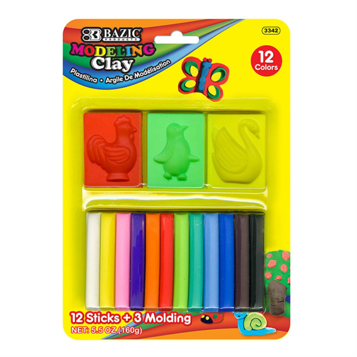 Bazic 5.64 Oz (160G) 12 Color Modeling Clay Sticks + 3 Molding / Box Qty - 24