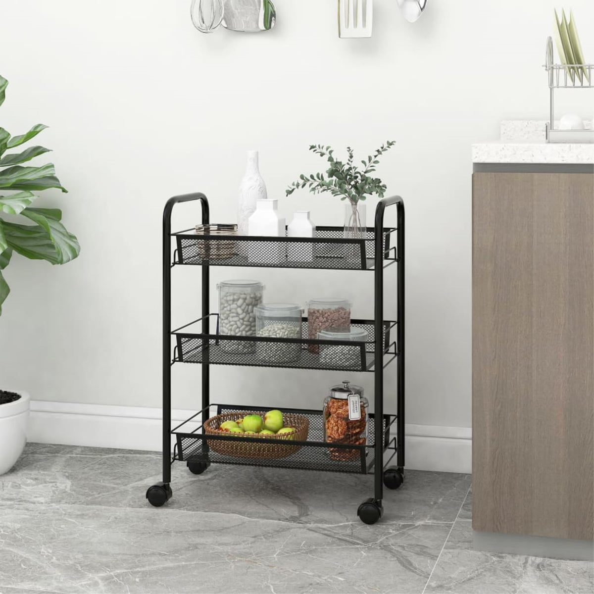 Vidaxl 3-Tier Kitchen Trolley Black 18.1'X10.2'X25.2' Iron