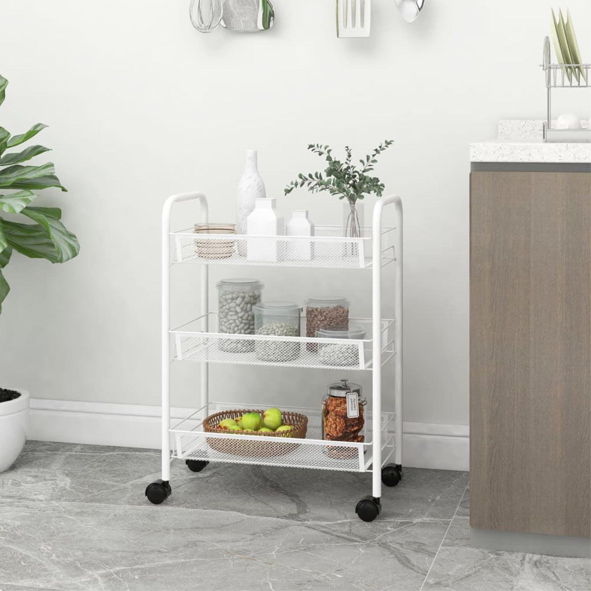 Vidaxl 3-Tier Kitchen Trolley White 18.1'X10.2'X25.2' Iron