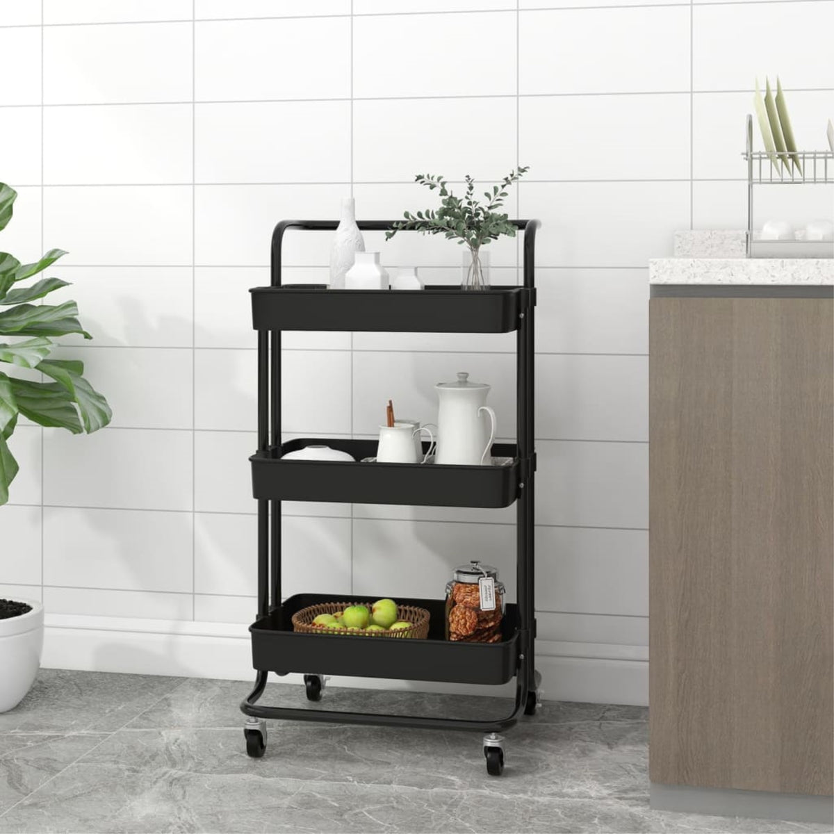 Vidaxl 3-Tier Kitchen Trolley Black 16.5'X13.8'X33.5' Iron And Abs