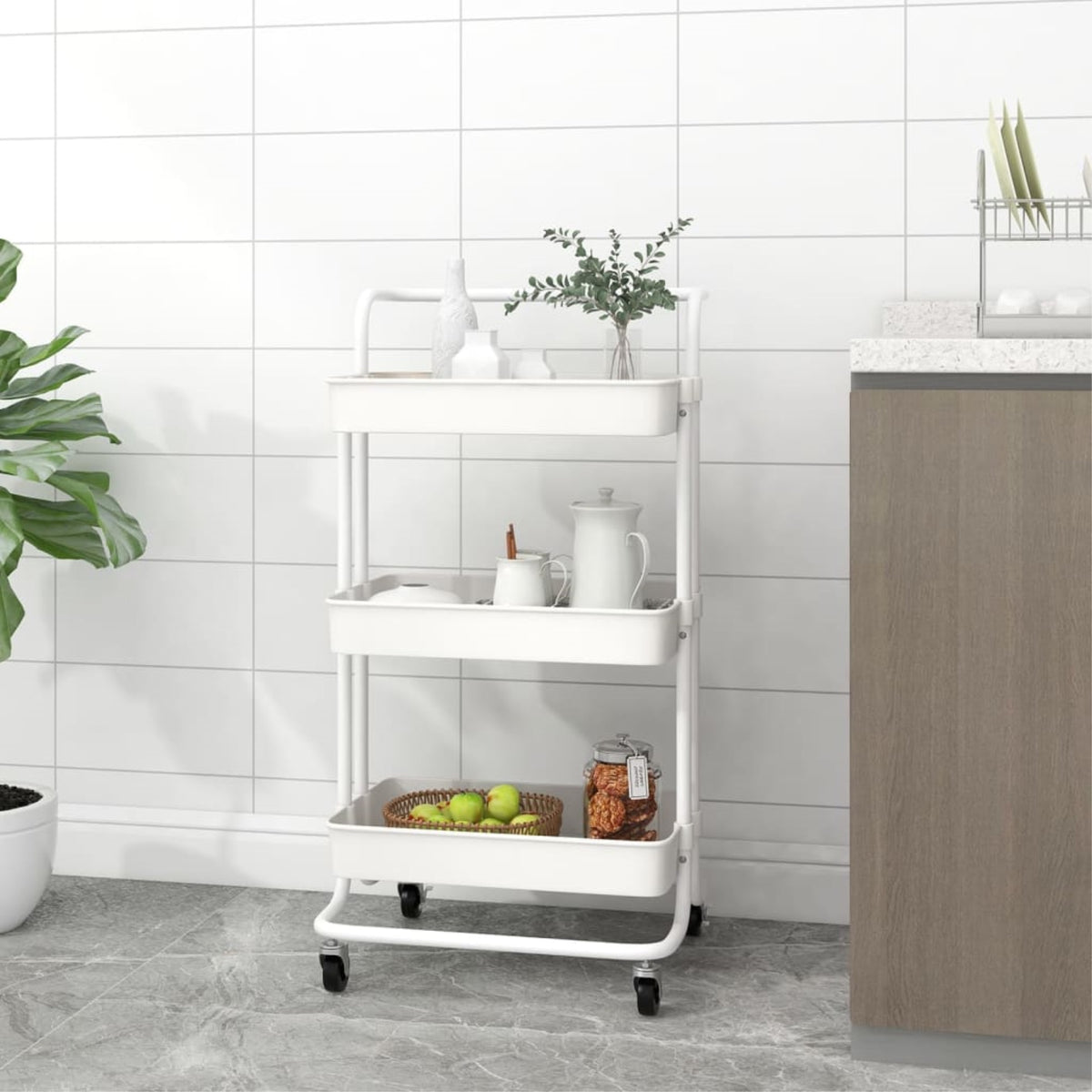 Vidaxl 3-Tier Kitchen Trolley White 16.5'X13.8'X33.5' Iron And Abs