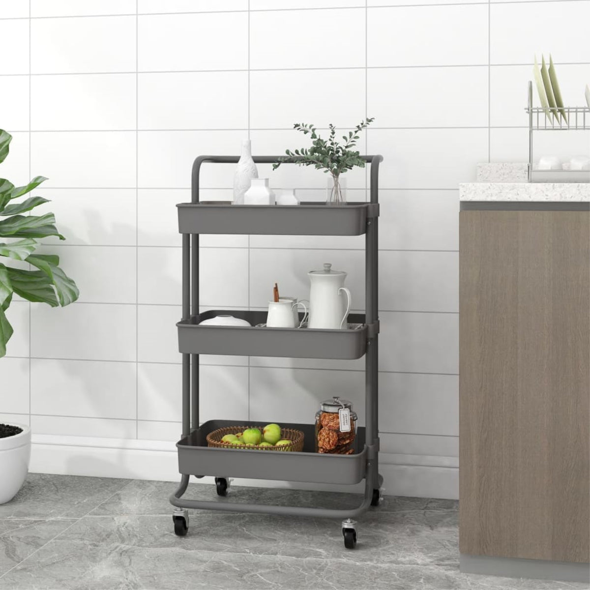 Vidaxl 3-Tier Kitchen Trolley Gray 16.5'X13.8'X33.5' Iron And Abs