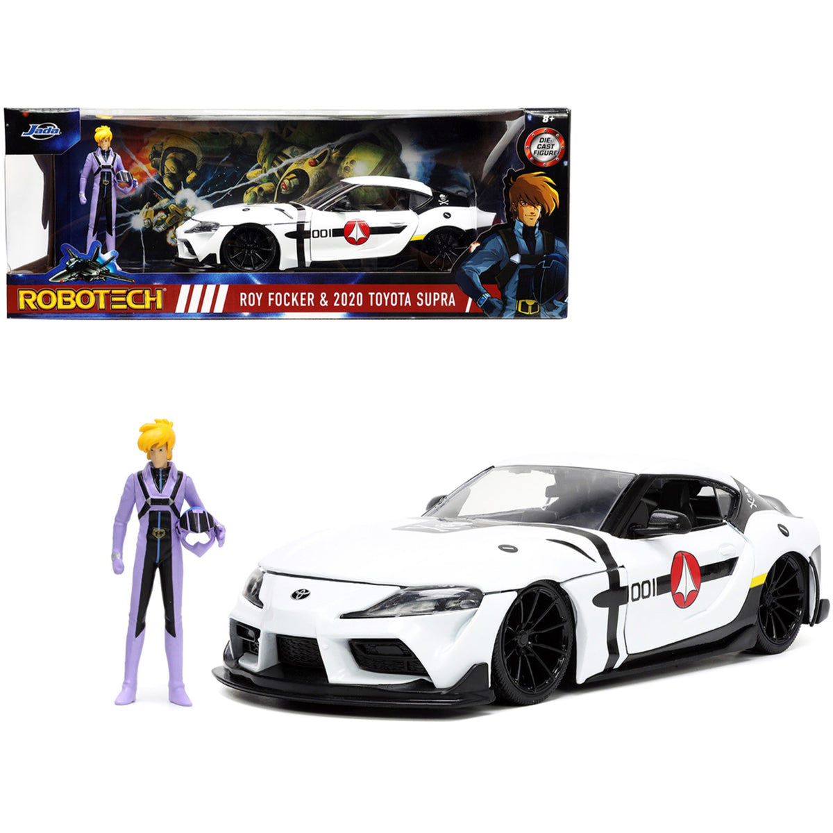 2020 Toyota Supra White And Roy Focker Diecast Figurine 'Robotech' 'Hollywood Rides' Series 1/24 Diecast Model Car By Jada