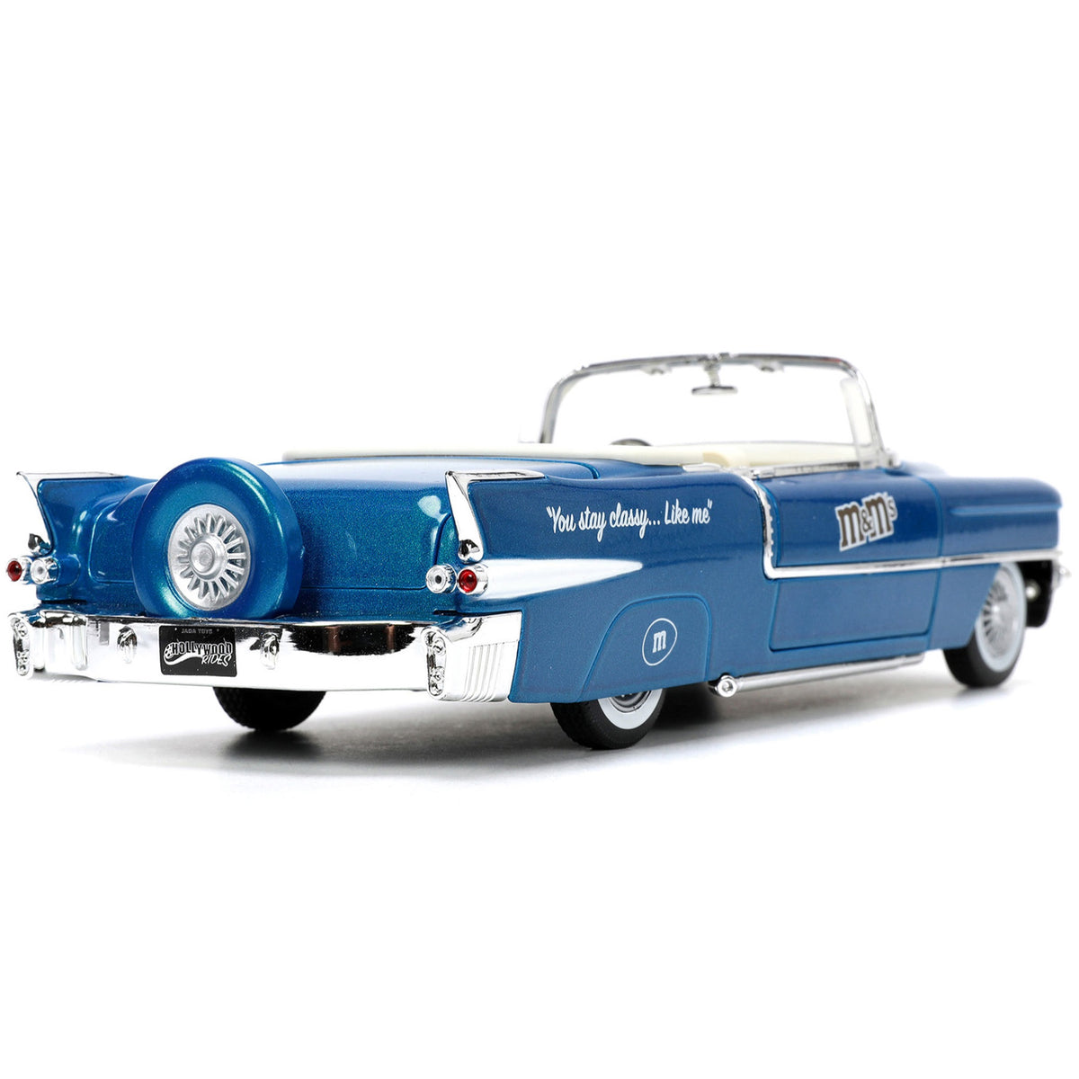 1956 Cadillac Eldorado Convertible Blue Metallic With Cream Interior 'Stay Classy' And Blue M&M Diecast Figure 'M&M'S' 'Hollywood Rides' Series 1/24 Diecast Model Car By Jada