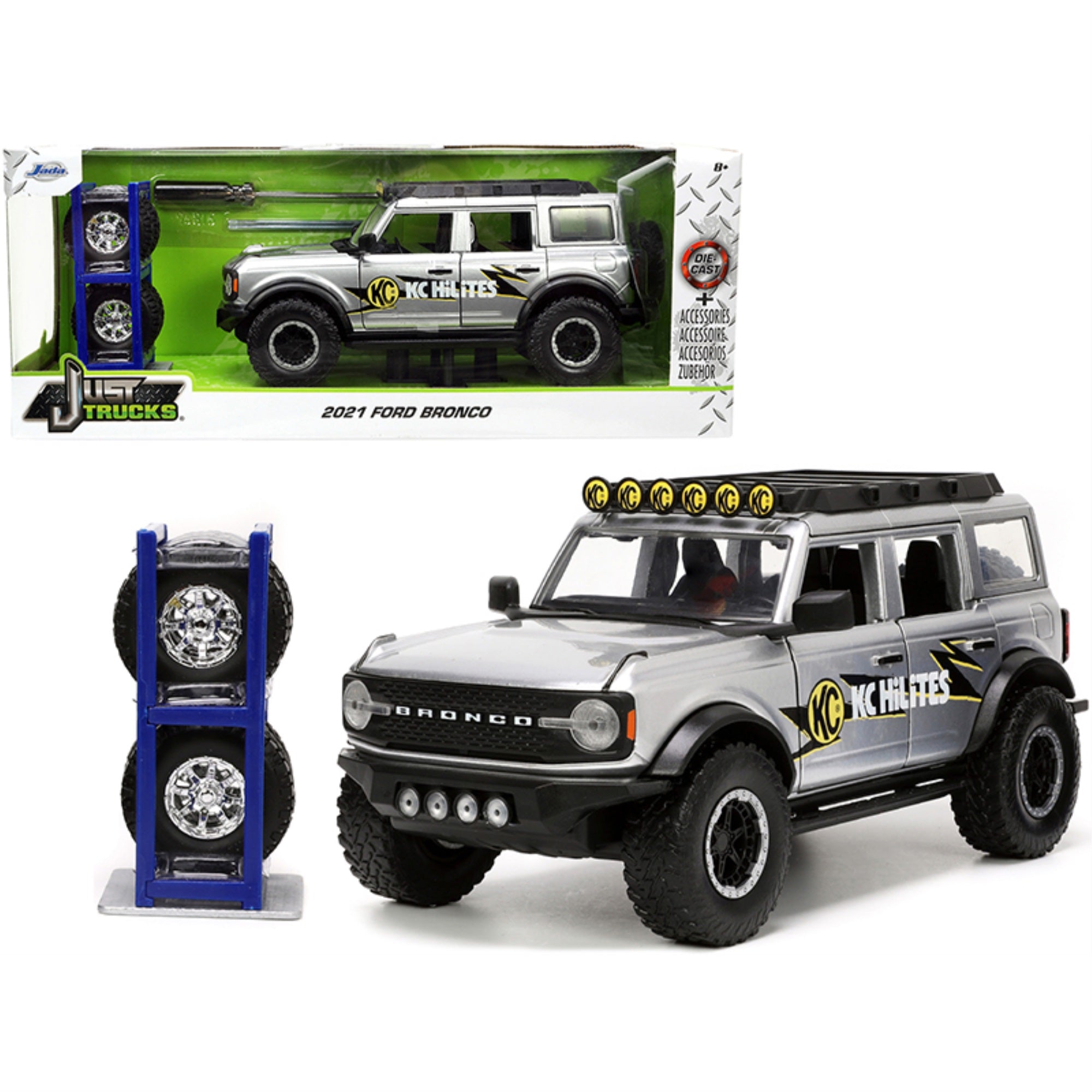 2021 Ford Bronco Gray Metallic 'Kc Hilites' With Extra Wheels 'Just Trucks' Series 1/24 Diecast Model Car By Jada