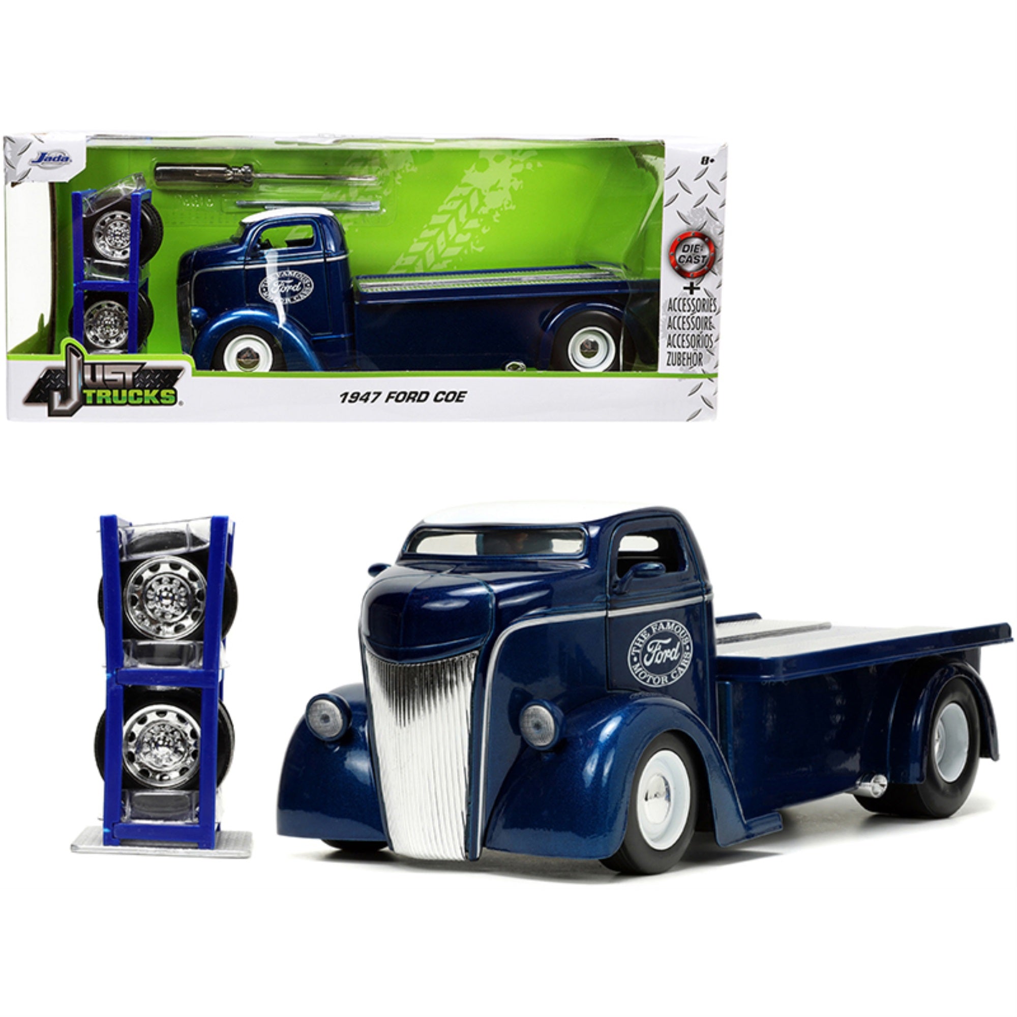 1947 Ford Coe Flatbed Truck Dark Blue Metallic With White Top 'The Famous Motor Cars' With Extra Wheels 'Just Trucks' Series 1/24 Diecast Model By Jada