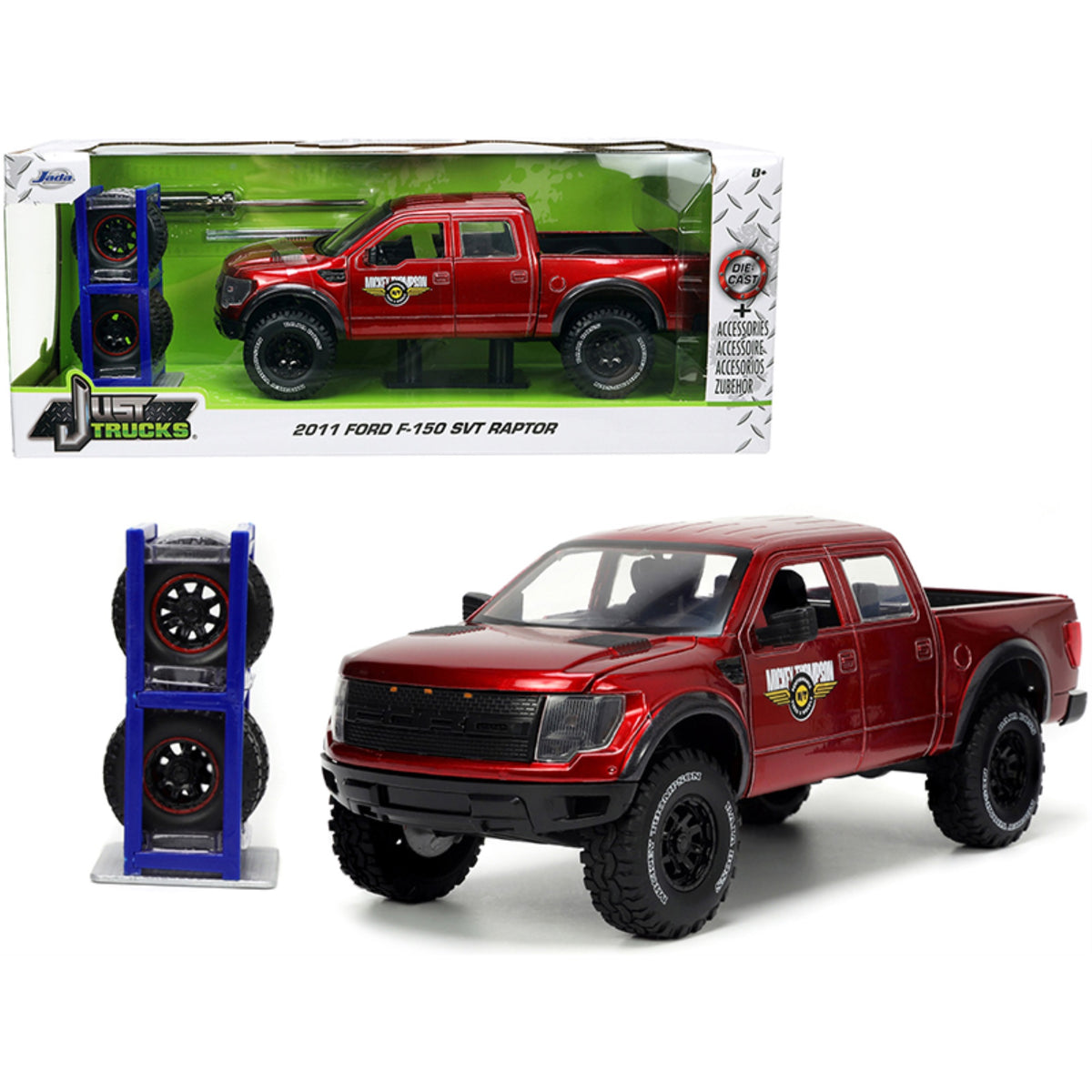 2011 Ford F-150 Svt Raptor Pickup Truck Candy Red Metallic 'Mickey Thompson Tires & Wheels' With Extra Wheels 'Just Trucks' Series 1/24 Diecast Model Car By Jada