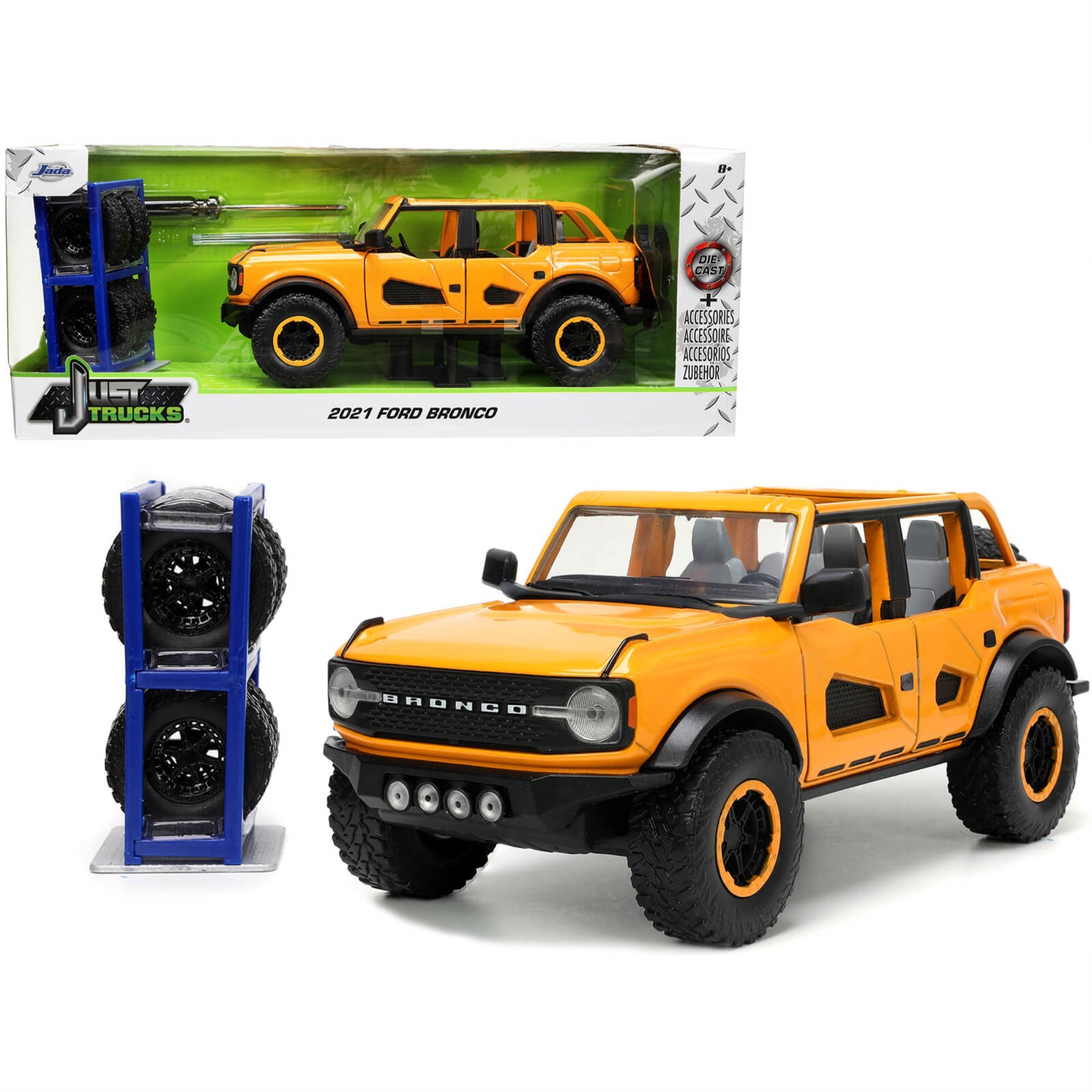 2021 Ford Bronco Orange Metallic With Extra Wheels 'Just Trucks' Series 1/24 Diecast Model Car By Jada