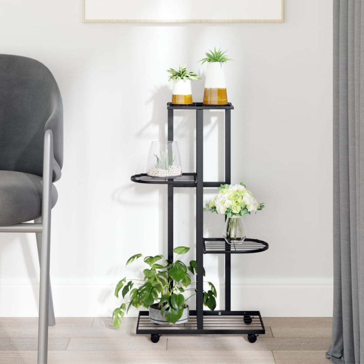 Vidaxl 4-Floor Flower Stand With Wheels 17.3'X9.1'X31.5' Black Iron