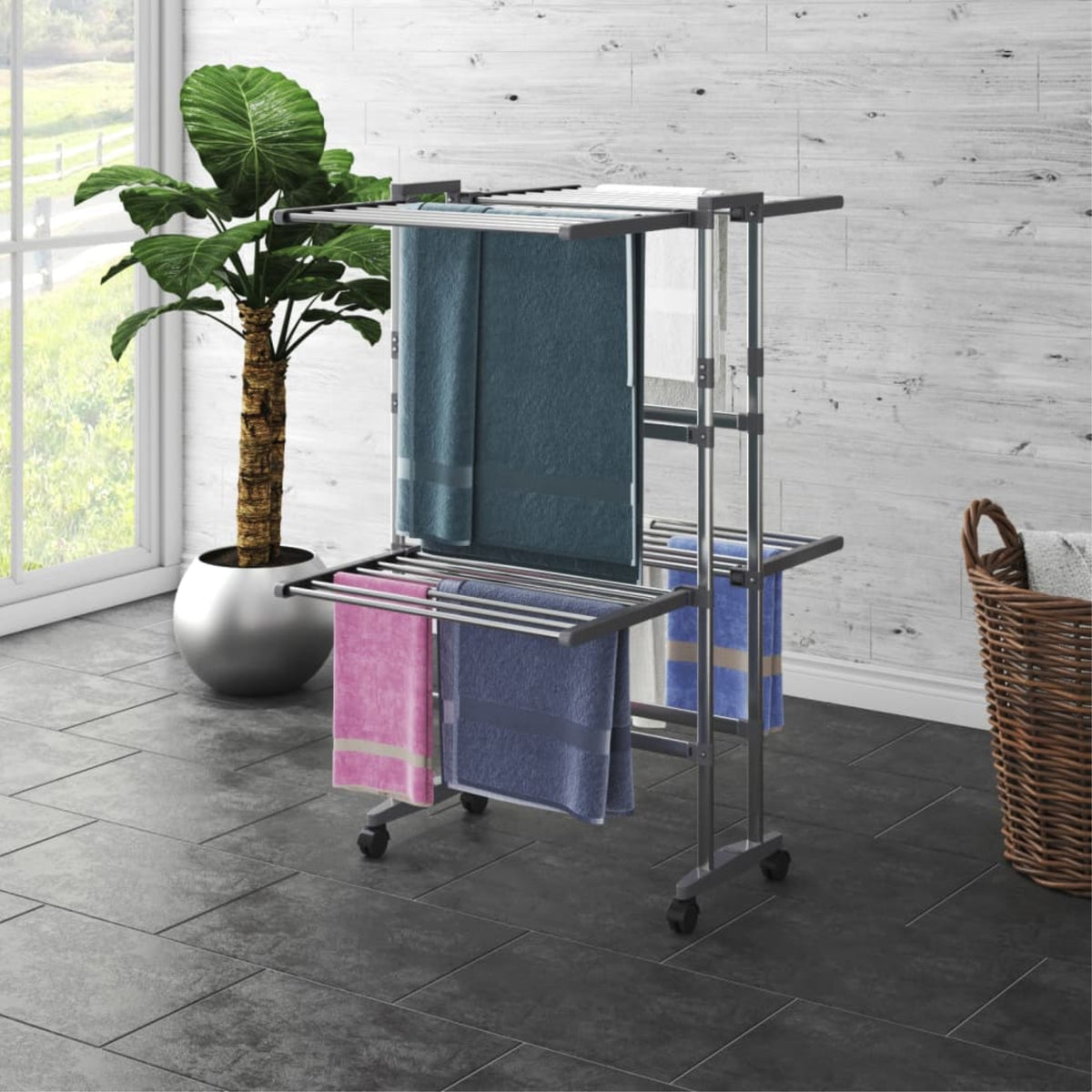 Vidaxl 2-Tier Laundry Drying Rack With Wheels Silver 23.6'X27.6'X41.7'