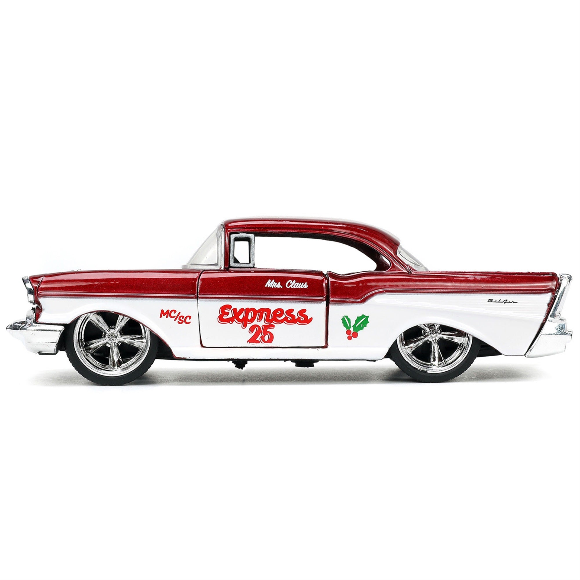 1941 Ford Pickup Truck Red And White 'Santa'S Workshop' And 1957 Chevrolet Bel Air Red Metallic And White 'Express 25' With Mr. And Mrs. Santa Claus Diecast Figures 'Holiday Rides' Series 1/32 Diecast Model Cars By Jada