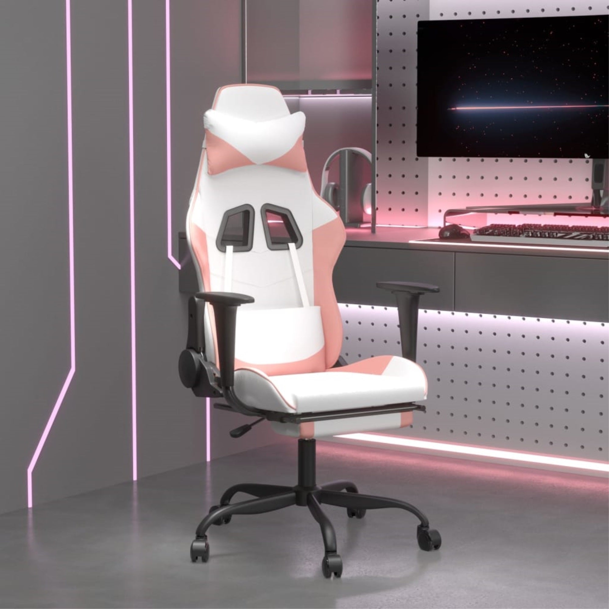 Vidaxl Massage Gaming Chair With Footrest White&Pink Faux Leather