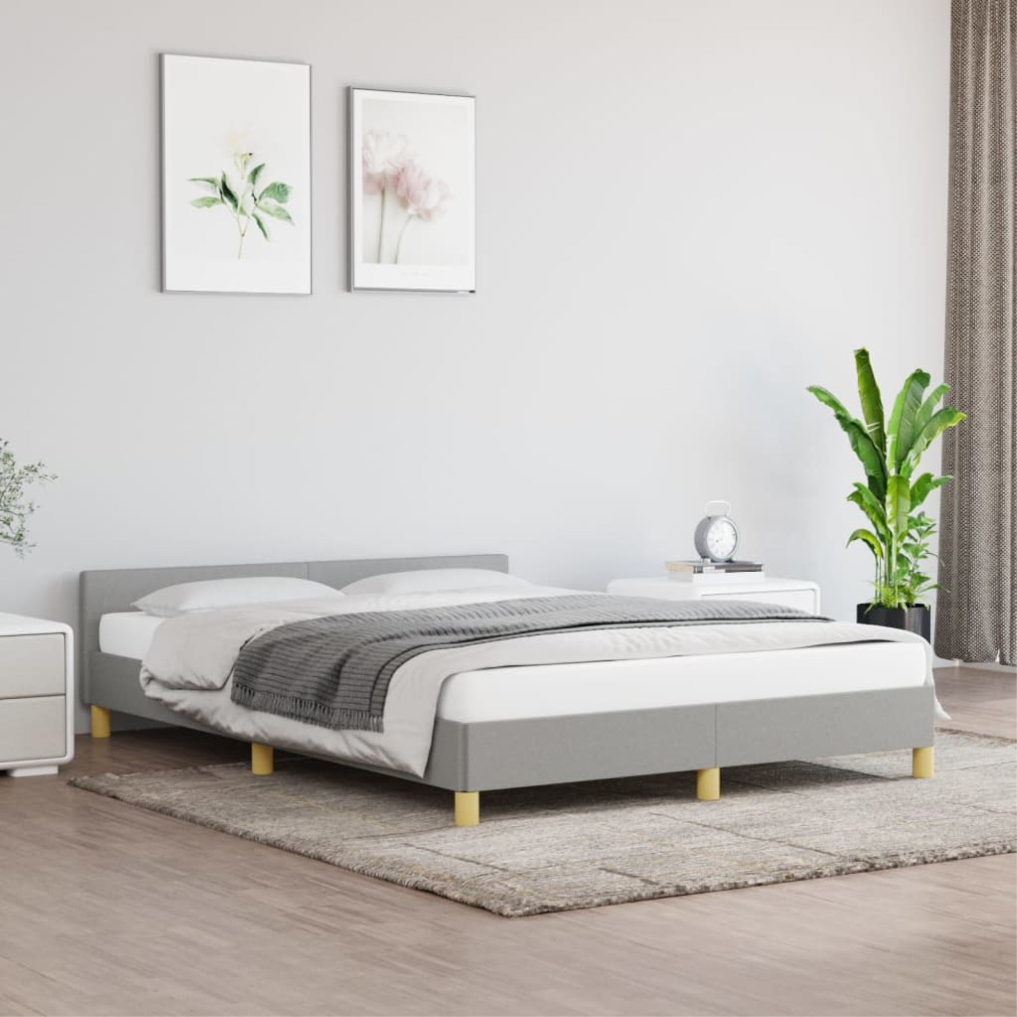 vidaXL Bed Frame with Headboard Light Gray 59.8″x79.9″ Queen Fabric