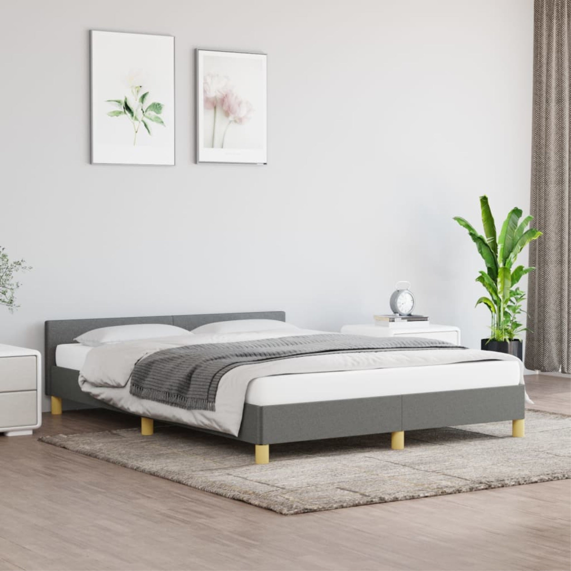 vidaXL Bed Frame with Headboard Dark Gray 59.8″x79.9″ Queen Fabric