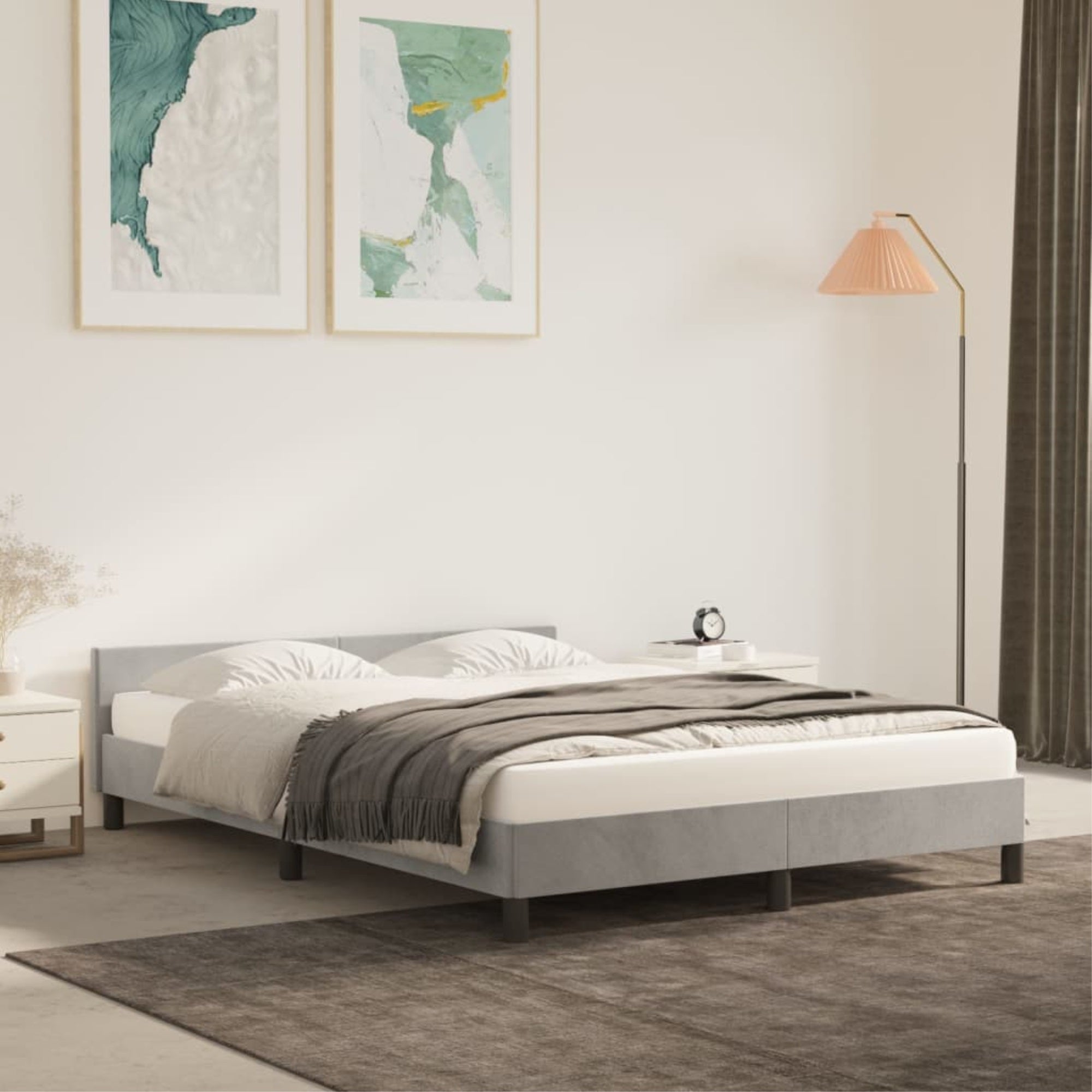 vidaXL Bed Frame with Headboard Light Gray 53.9″x74.8″ Full Velvet