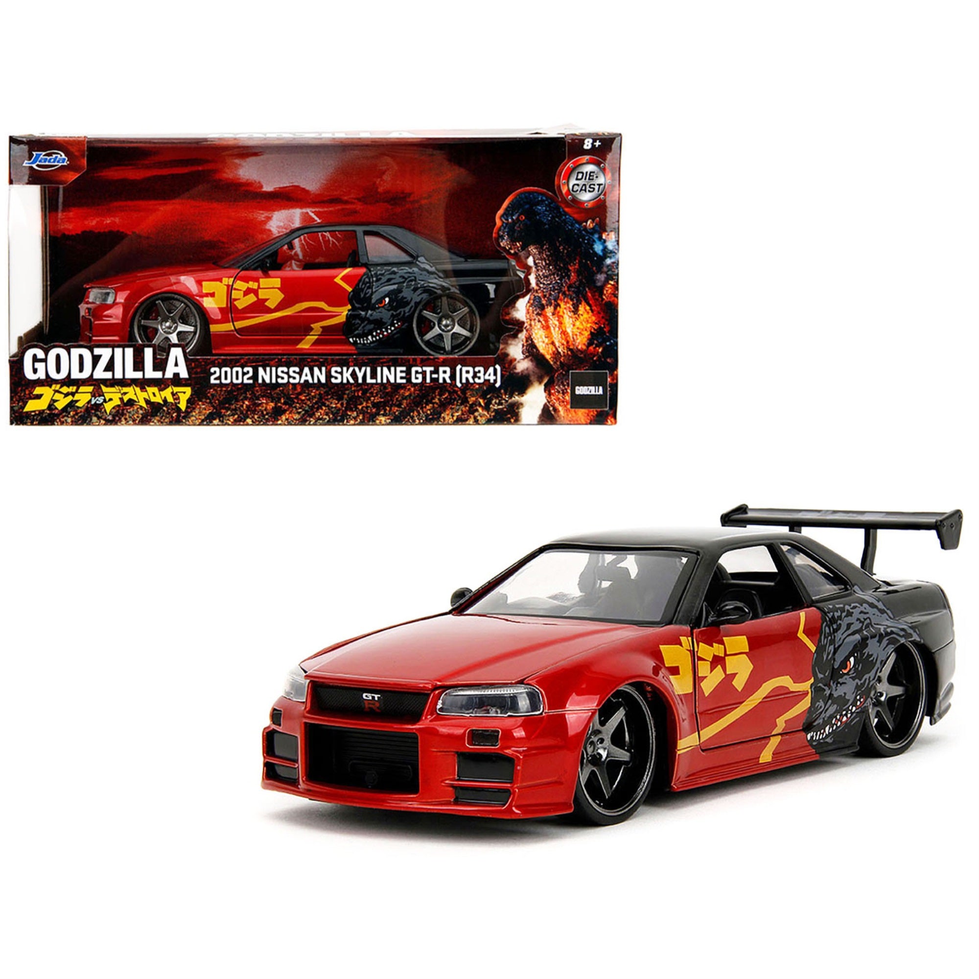 2002  Skyline Gt-R (R34) Rhd (Right Hand Drive) Red Metallic And Black 'Godzilla Vs. Destoroyah' (1995) Movie 'Hollywood Rides' Series 1/24 Diecast Model Car By Jada