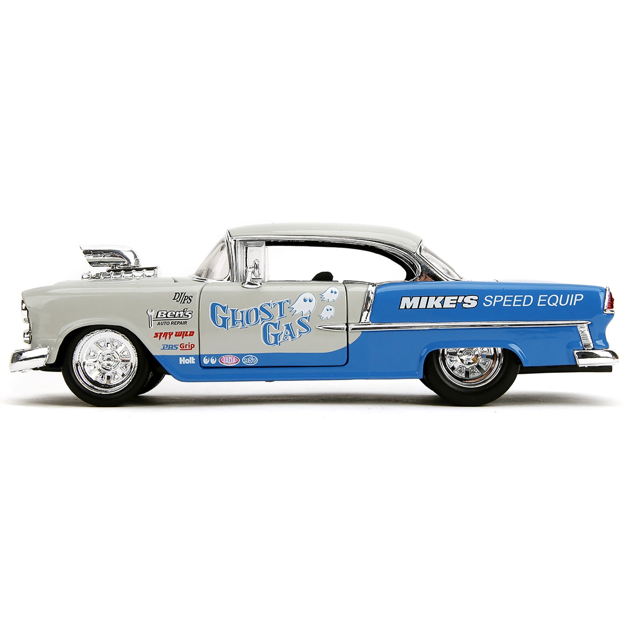 1955 Chevrolet Bel Air 'Ghost Gas - Mike'S Speed Equip' Light Gray And Blue 'Bigtime Muscle' Series 1/24 Diecast Model Car By Jada