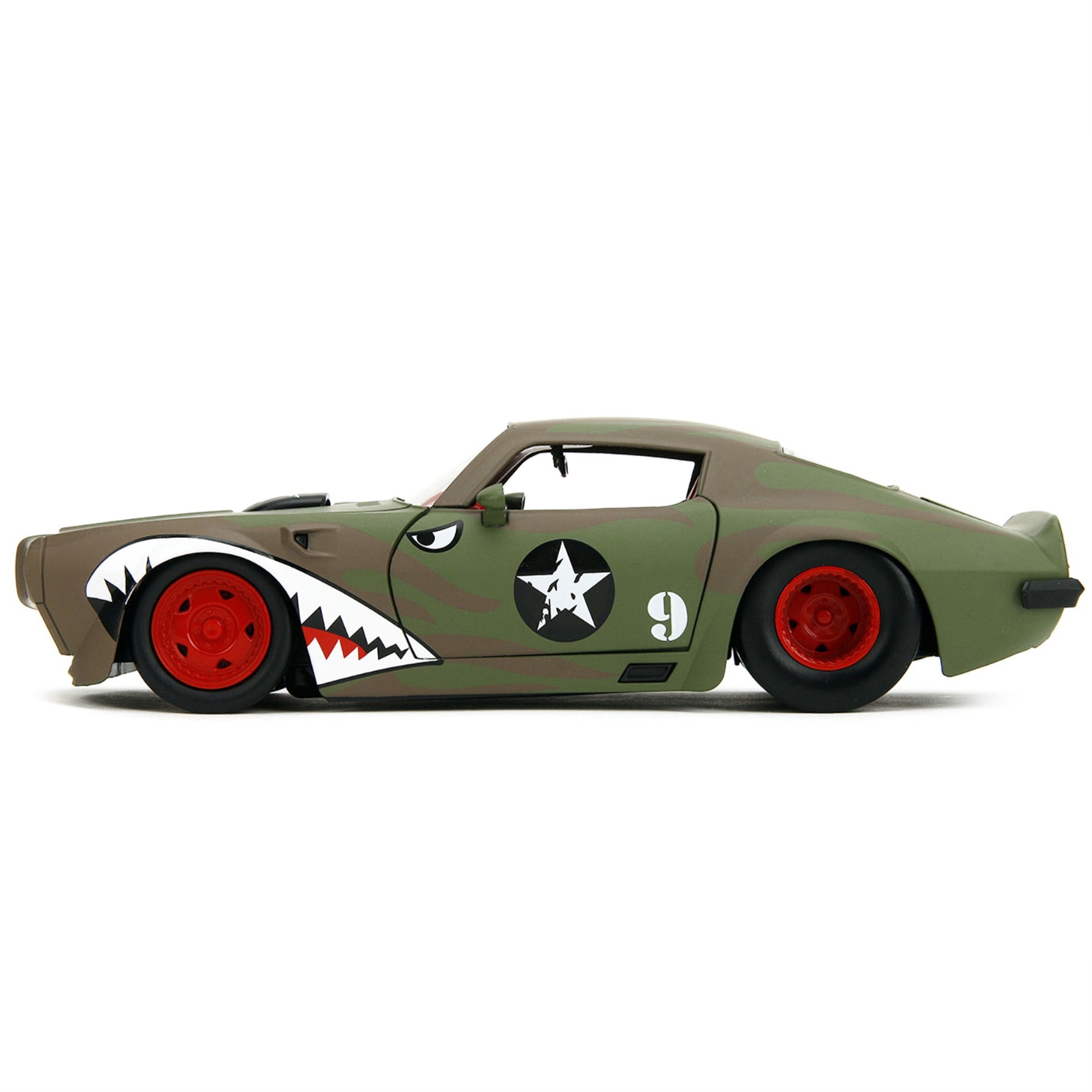 1972 Pontiac Firebird #9 Green Camouflage Flames With Graphics And Red Interior 'Bigtime Muscle' Series 1/24 Diecast Model Car By Jada