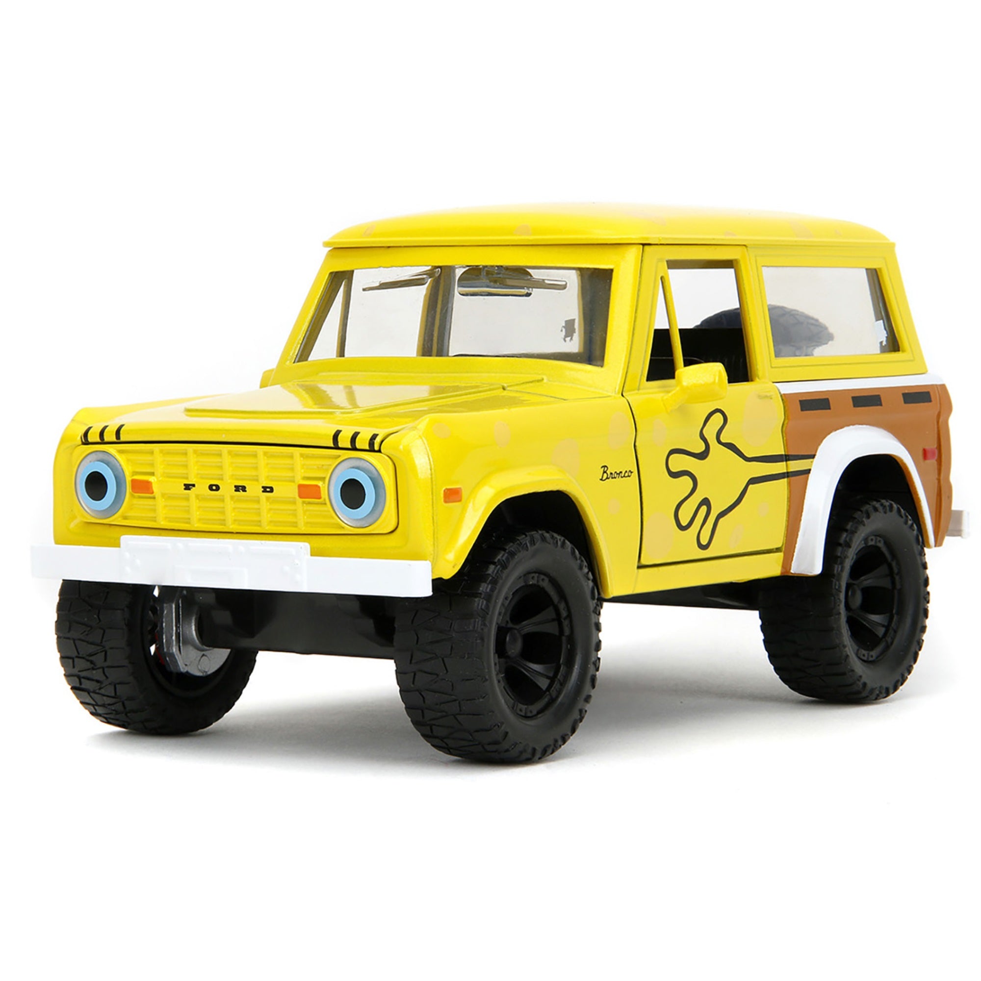 1973 Ford Bronco Yellow With Graphics And Spongebob Squarepants Diecast Figure 'Spongebob Squarepants' (1999Urrent) Tv Series 'Hollywood Rides' Series 1/24 Diecast Model Car By Jada