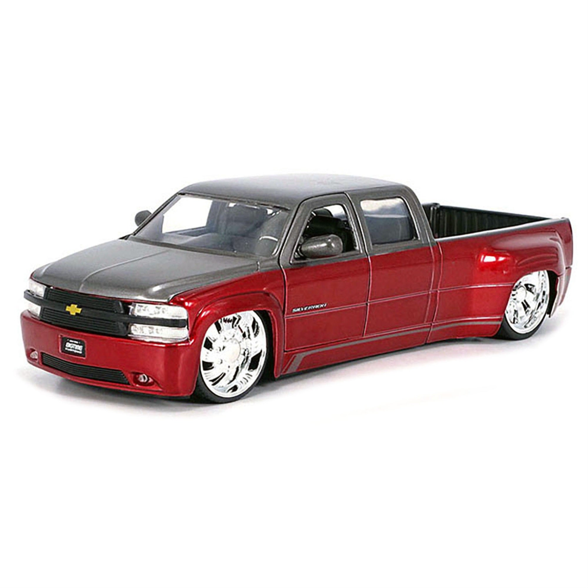 1999 Chevrolet Silverado Dually Pickup Truck Red Metallic And Gray With Custom Kmc Wheels 'Just Trucks' Series 1/24 Diecast Model Car By Jada