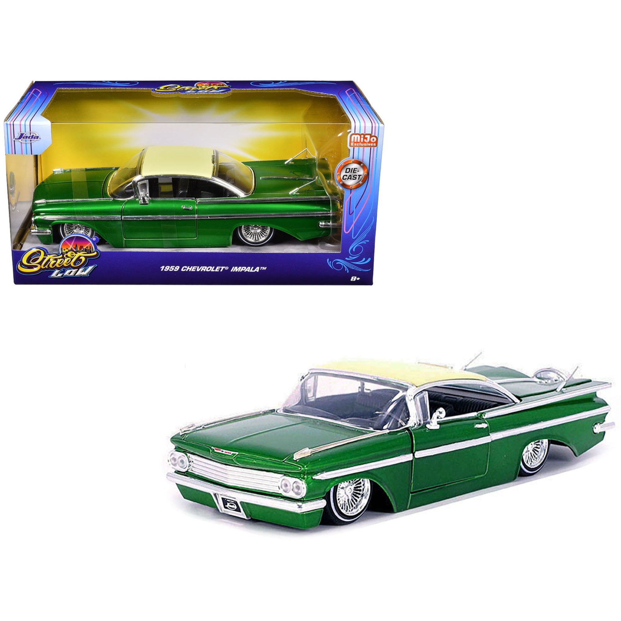 1959 Chevrolet Impala Lowrider Green Metallic With Cream Top And Wire Wheels 'Street Low' Series 1/24 Diecast Model Car By Jada