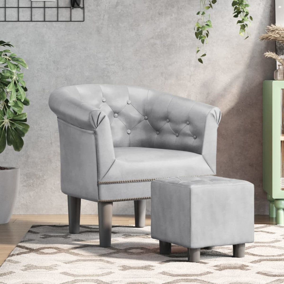 Vidaxl Tub Chair With Footstool Silver Faux Leather