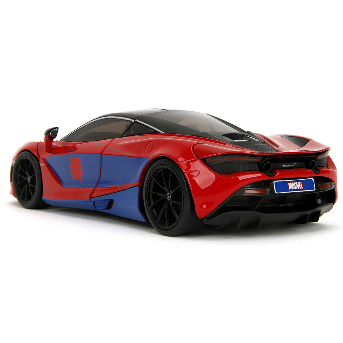 Mclaren 720S Red And Blue With Black Top And Graphics And Spider-Man Diecast Figure 'Marvel Spider-Man' 'Hollywood Rides' Series 1/24 Diecast Model Car By Jada