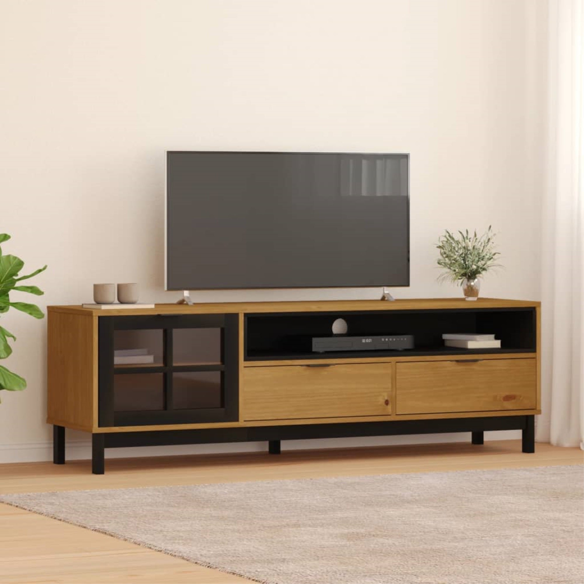 Vidaxl Tv Stand With Glass Door Flam 62.2'X15.7'X19.7' Solid Wood Pine