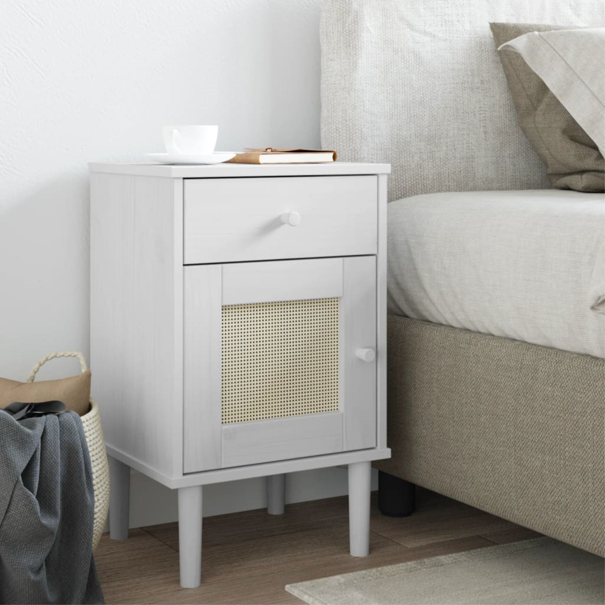 Vidaxl Bedside Cabinet Senja Rattan Look White 15.7'X13.8'X25.6' Solid Wood Pine