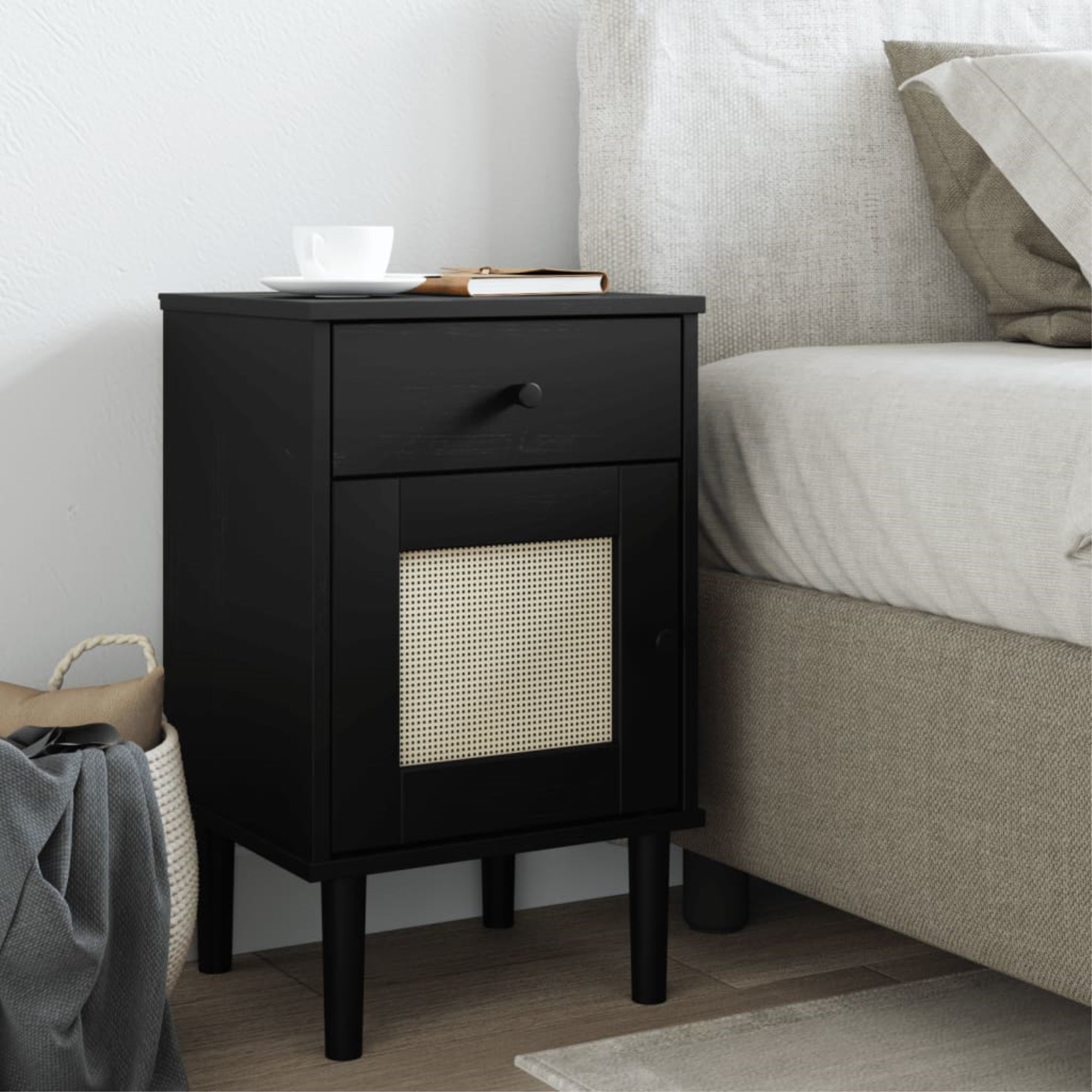 Vidaxl Bedside Cabinet Senja Rattan Look Black 15.7'X13.8'X25.6' Solid Wood Pine