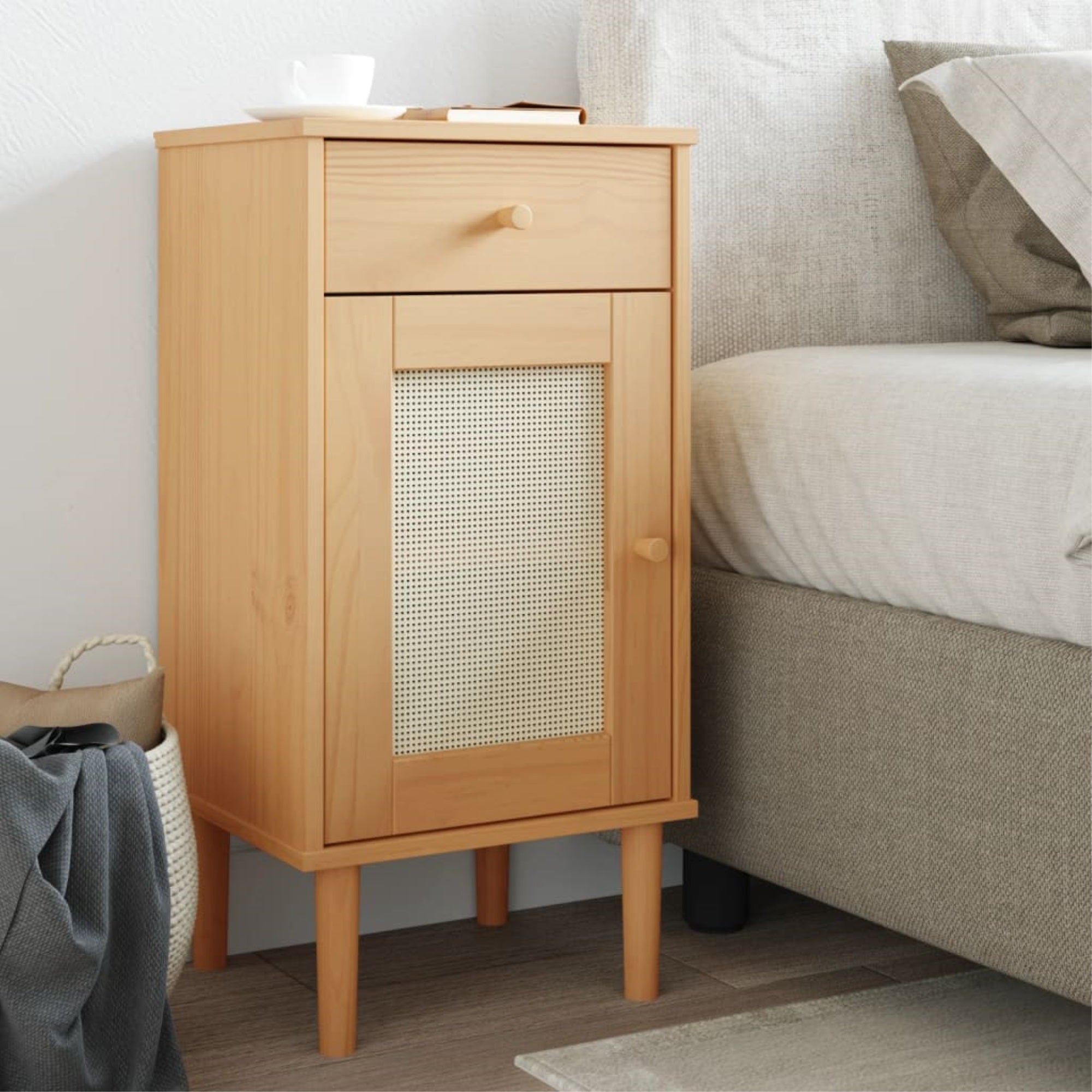 Vidaxl Bedside Cabinet Senja Rattan Look Brown 15.7'X13.8'X31.5' Solid Wood Pine