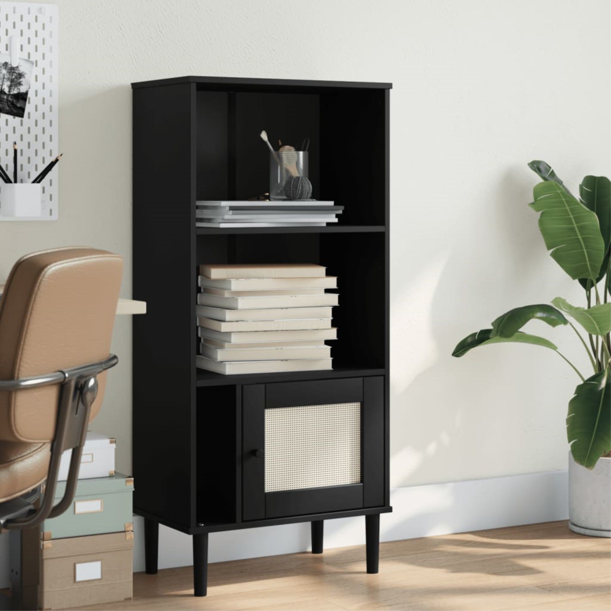 Vidaxl Bookcase Senja Rattan Look Black 23.6'X13.8'X51.2' Solid Wood Pine