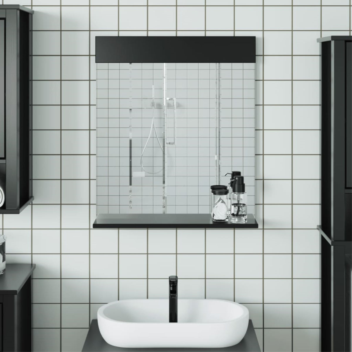 Vidaxl Bathroom Mirror With Shelf Berg Black 23.6'X4.7'X27.6' Solid Wood