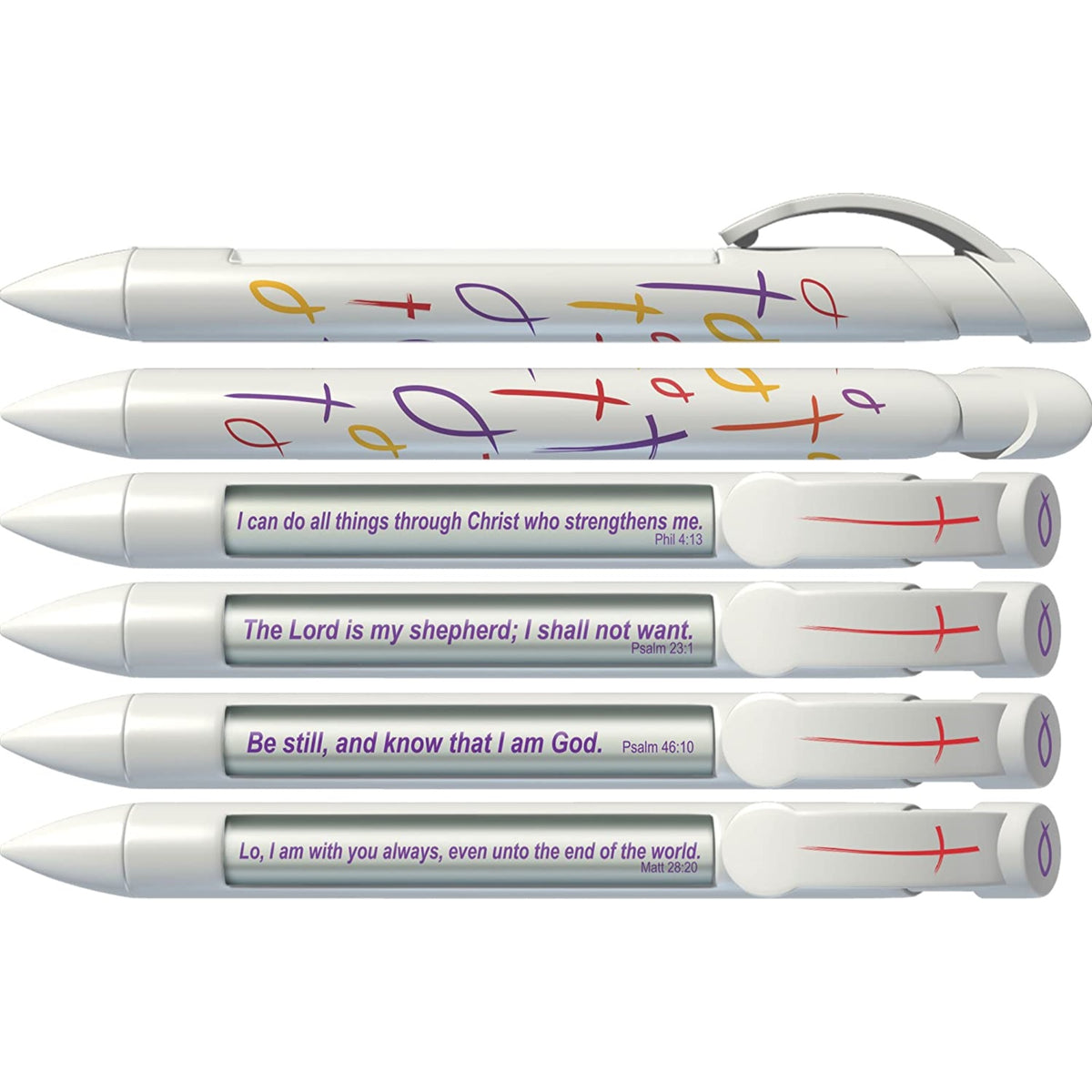 Greeting Pen Cross & Fish Scripture Pens, Scripture Verses With Rotating Messages, 6 Pen Set (36001)
